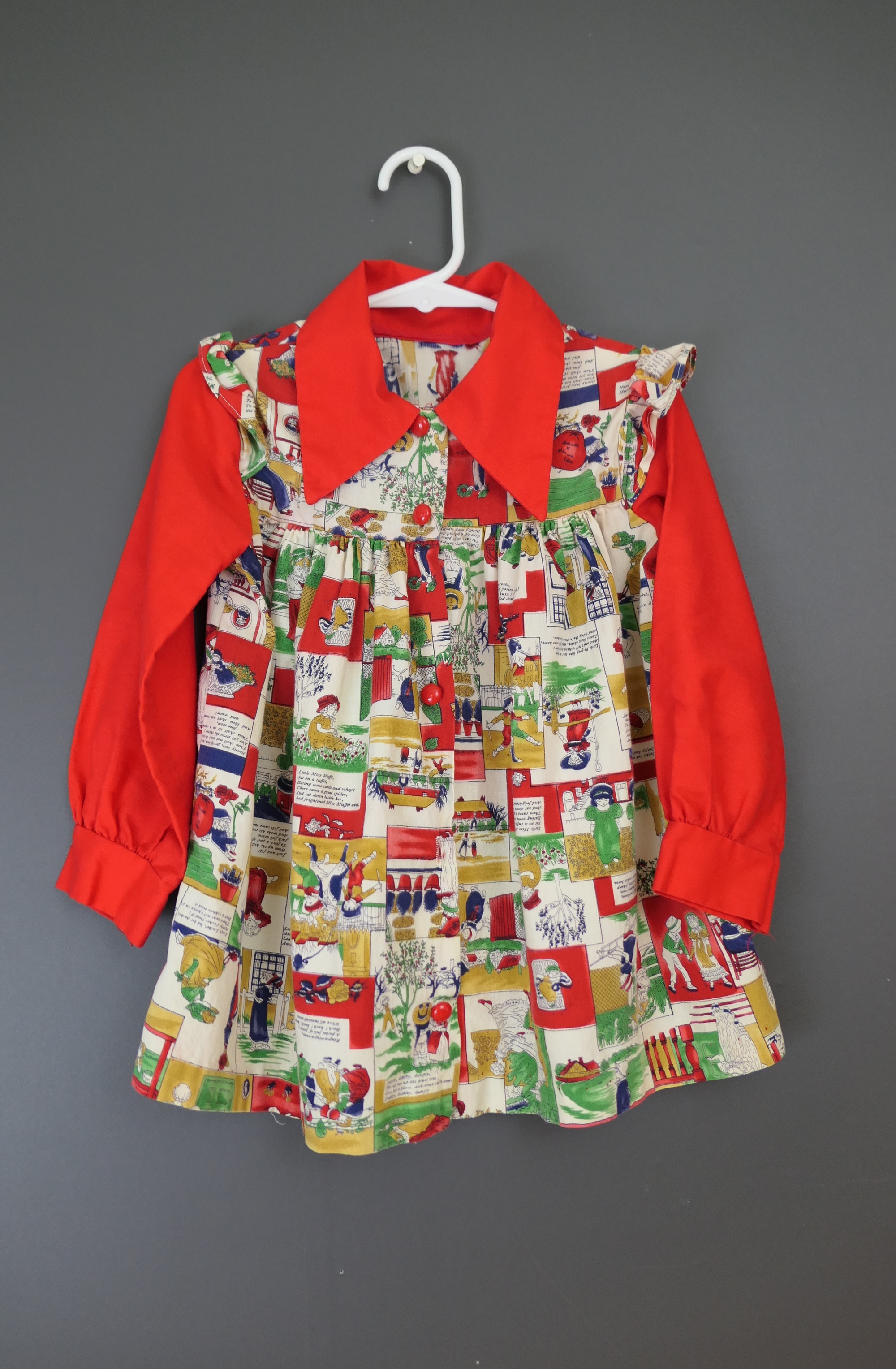 Vintage Little Girl Nursery Rhymes Dress, 1970s 1980s, Novelty Print