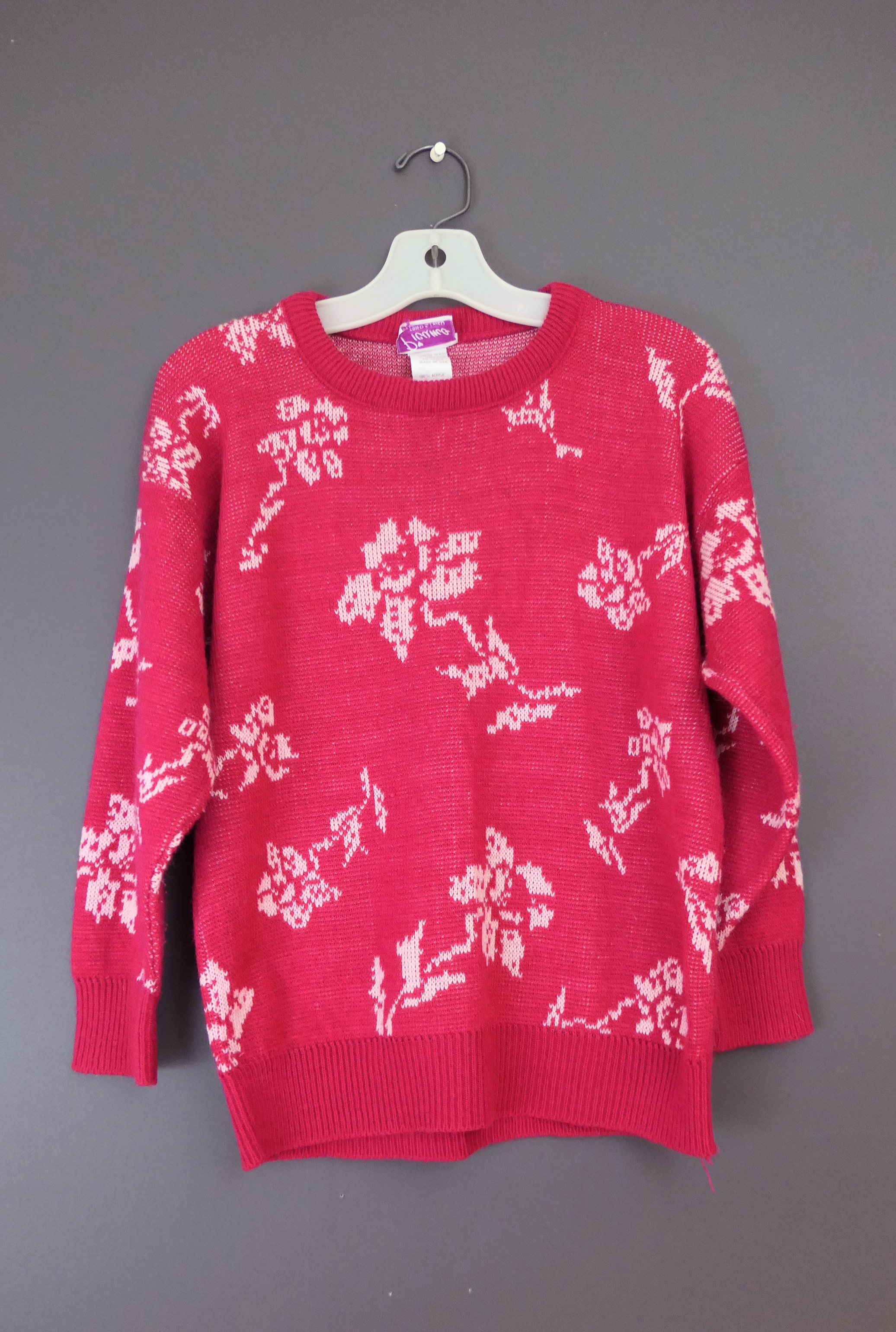 Vintage 1980s Girl Dark Pink Sweater, Floral Knit Tween Teen, 32 chest