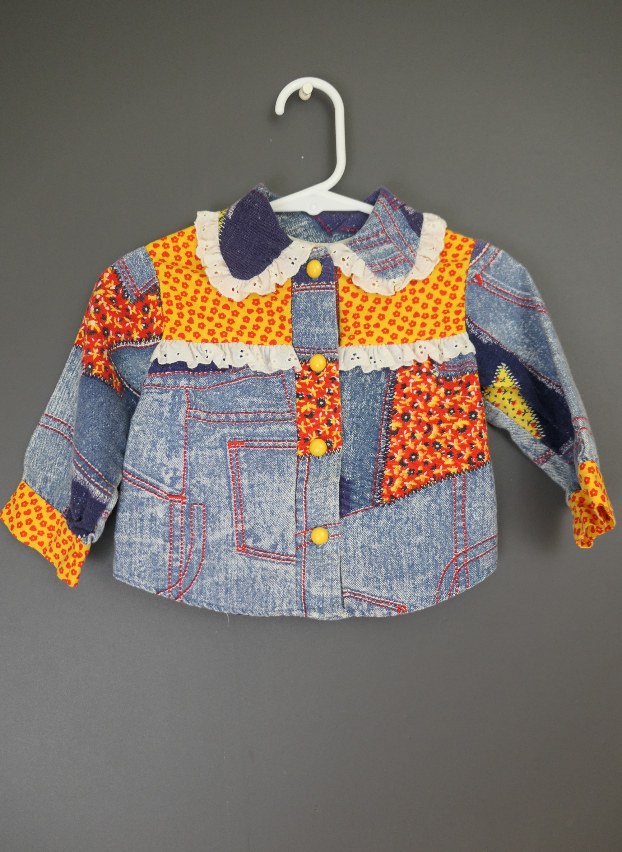 Vintage Little Girl 1970s Shirt or Jacket Denim and Patchwork Print, Toddler