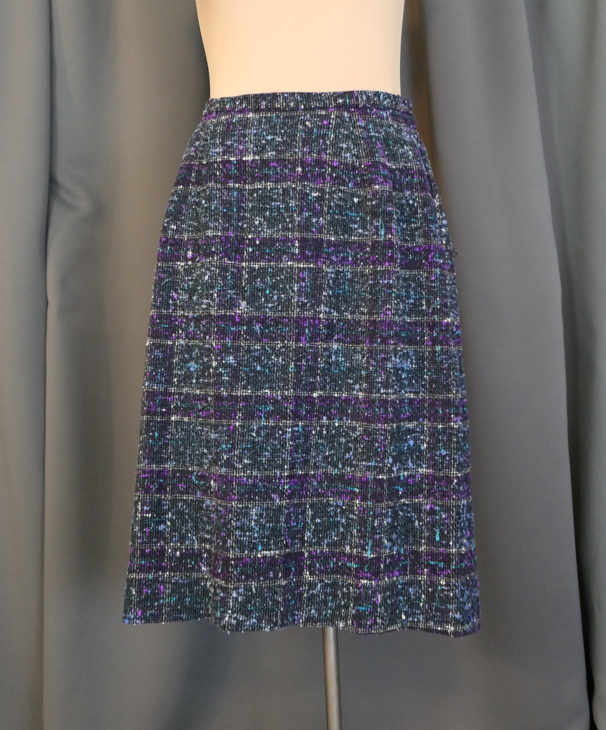 Vintage Black & Purple Wool Skirt, 27 waist, 1960s, Slubby Grey and Turquoise