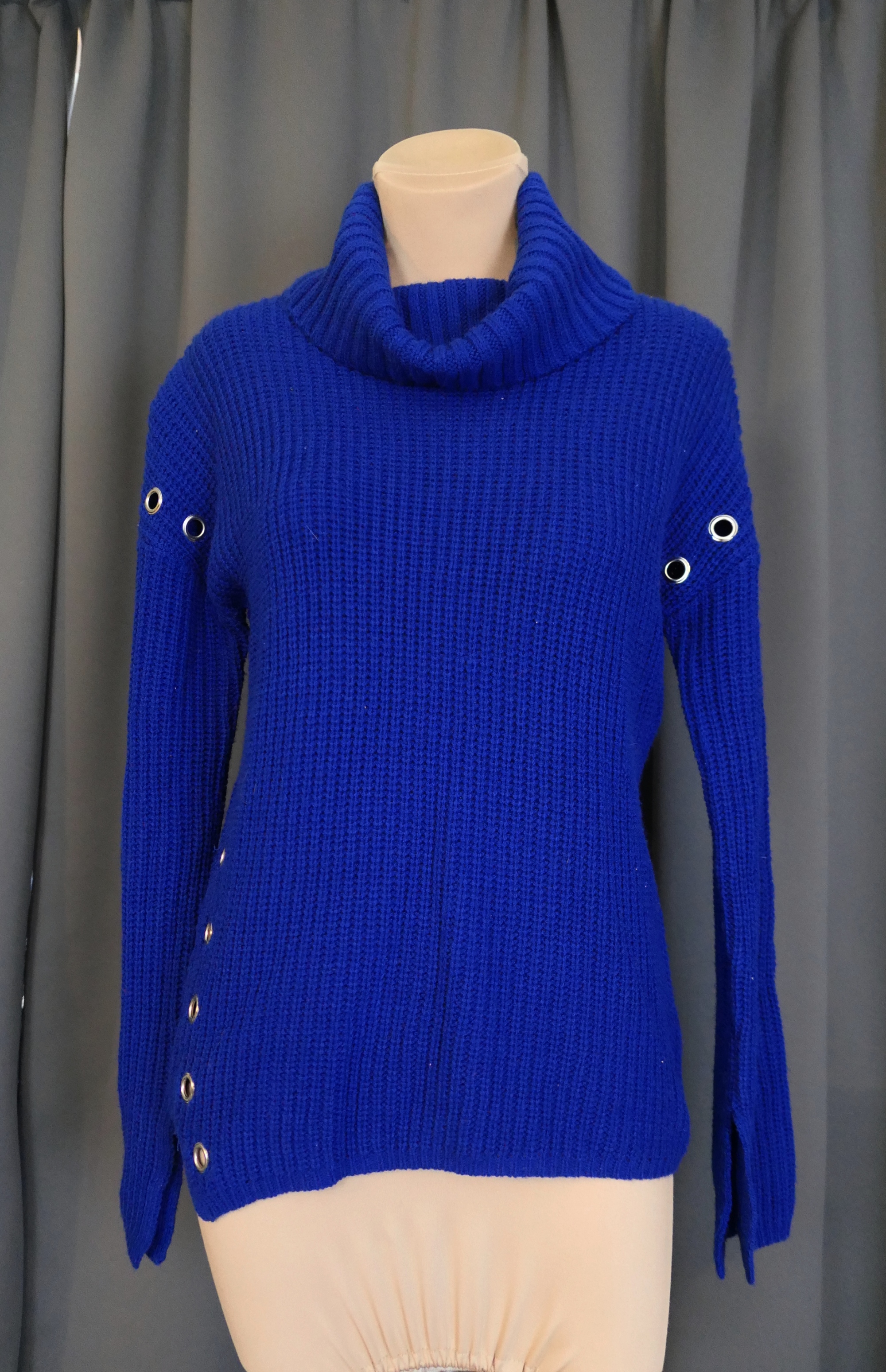 Vintage 1980s Blue Sweater with Silver Gromets and Cowl Neck, 36 bust, 1990s