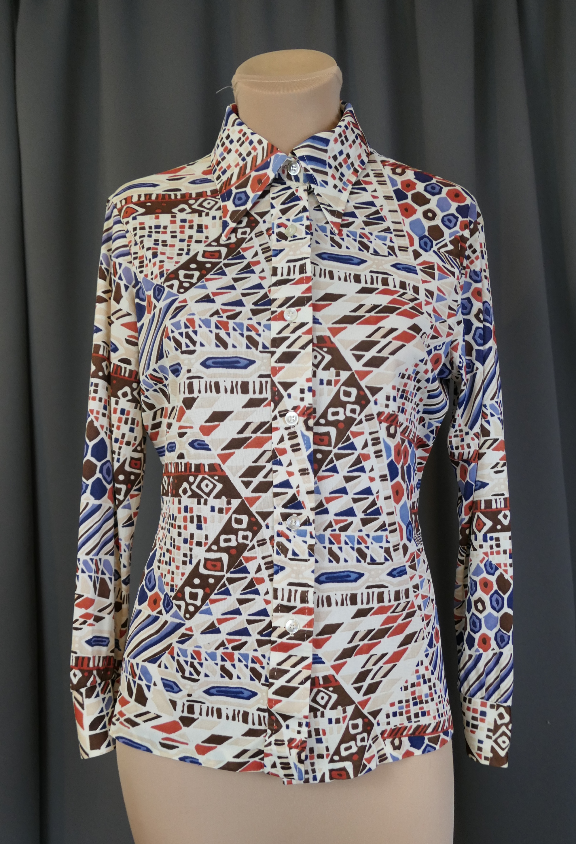 Vintage Blue & Brown Print Nylon Blouse, 1970s 38 bust, dagger collar