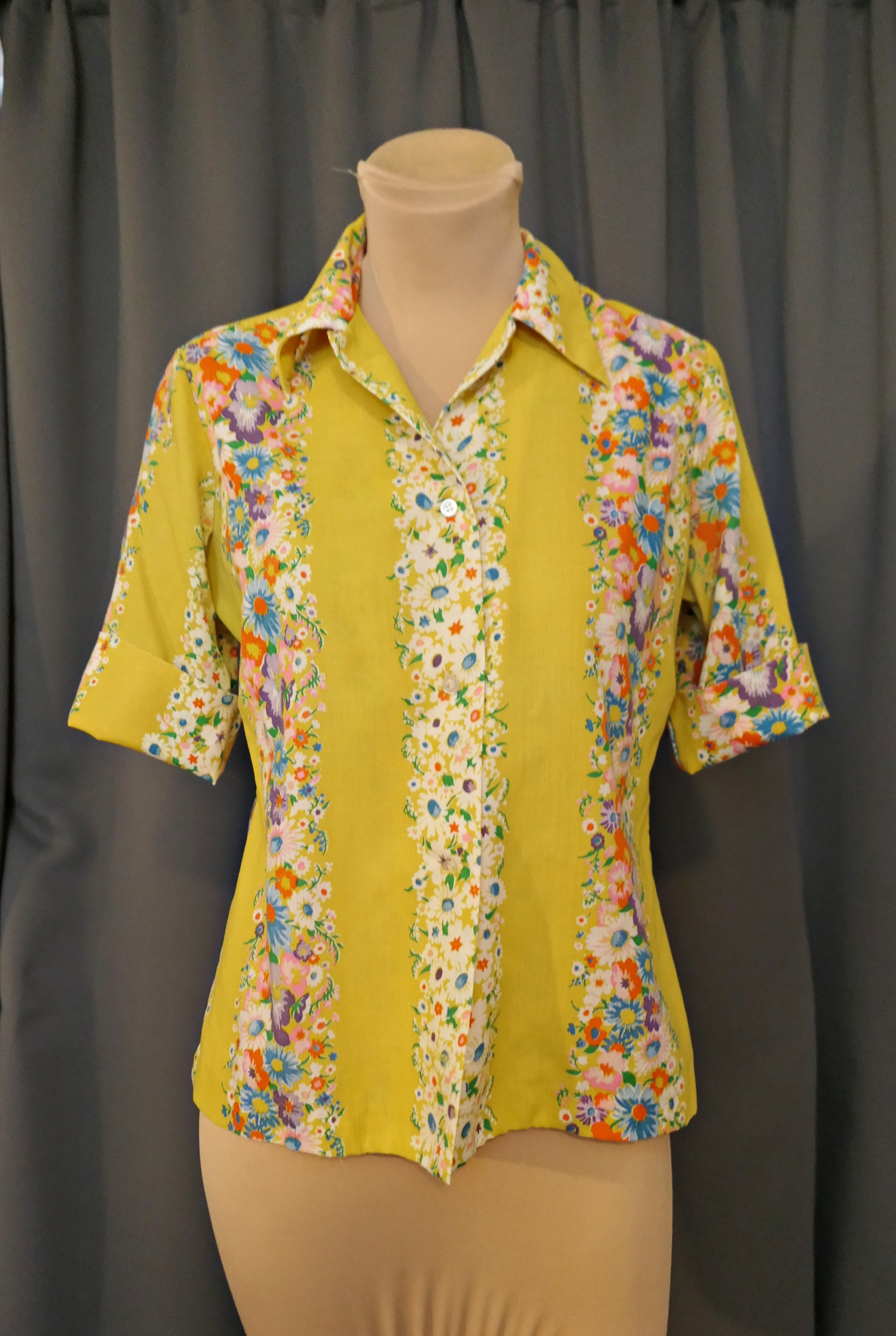 Vintage Bright Yellow Floral Blouse, 1960s, 36 bust, Tailored Lady Manhattan, issues