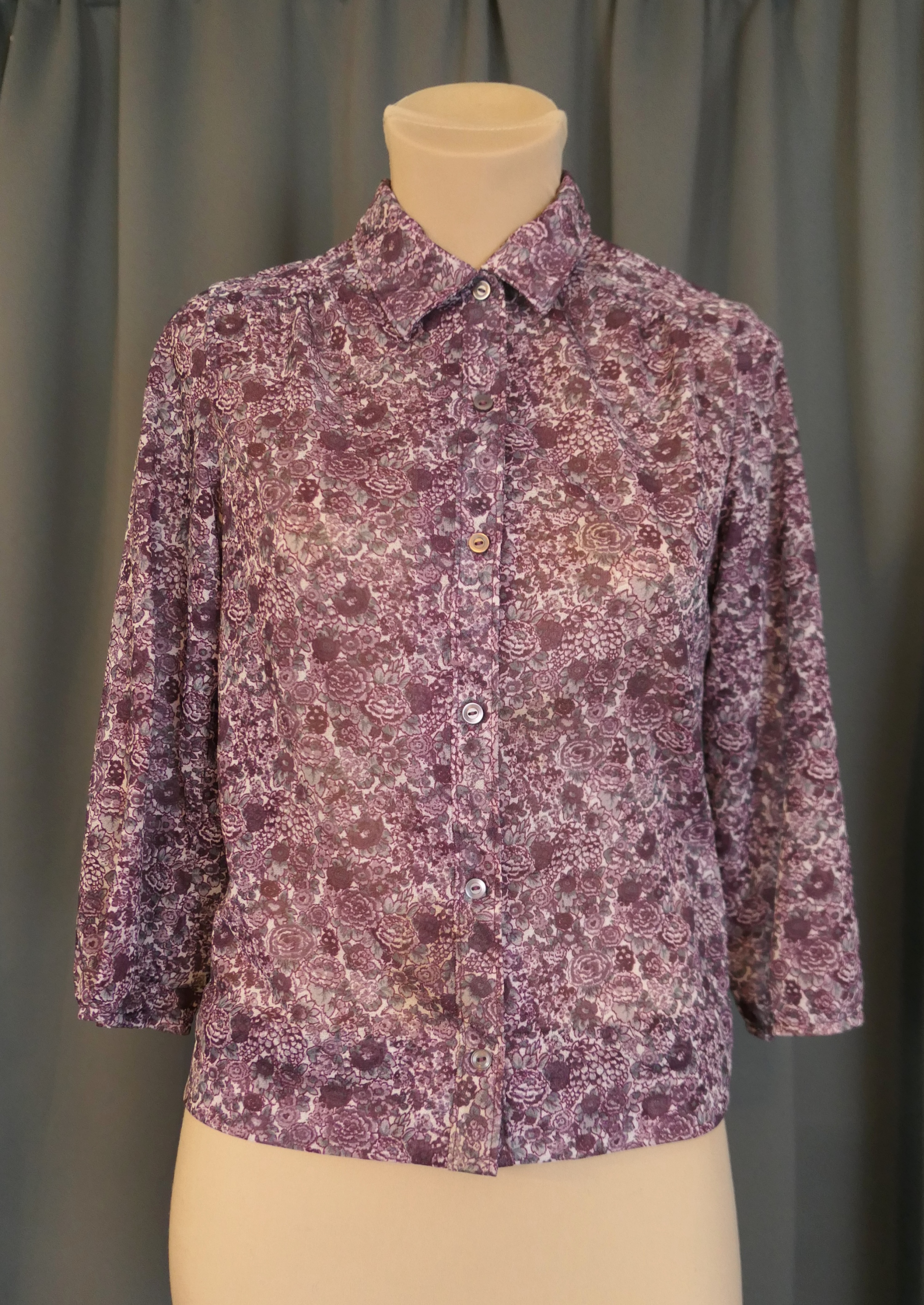 Vintage Dark Purple & Gray Floral Blouse, 1970s 1980s, 34 bust