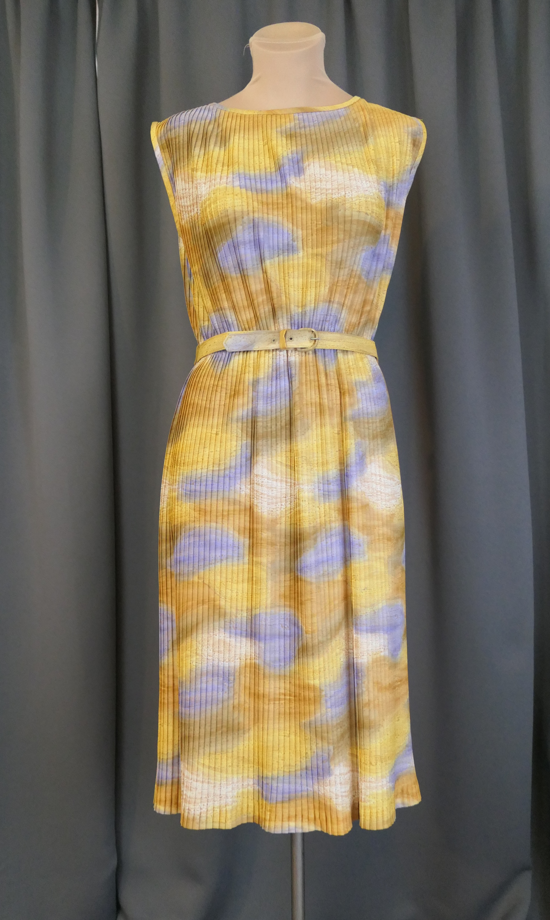 Vintage Pleated Dress 1960s Gold & Lavender with Elastic Waist, 1960s 38 inch bust, issues