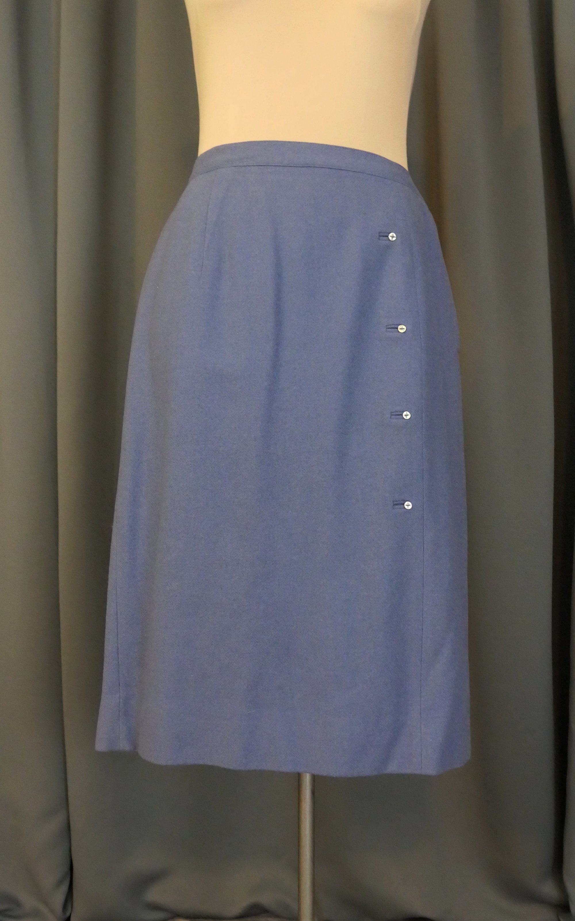 Vintage Blue Wool Skirt, 27 inch waist, Decorative Buttons 1960s