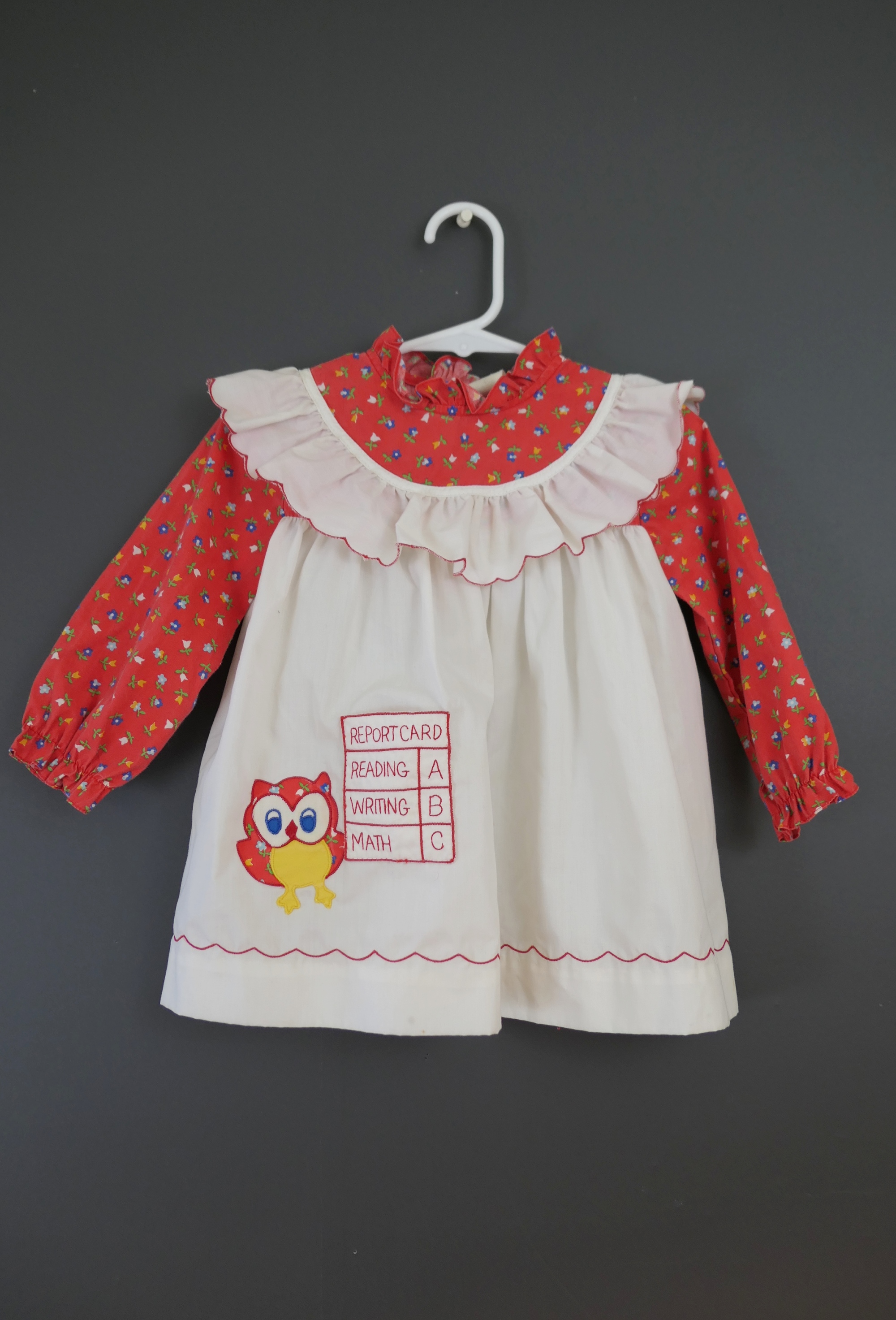 Vintage Little Girl's Report Card Dress 1980s Owl and Red Calico, 2T Nannette