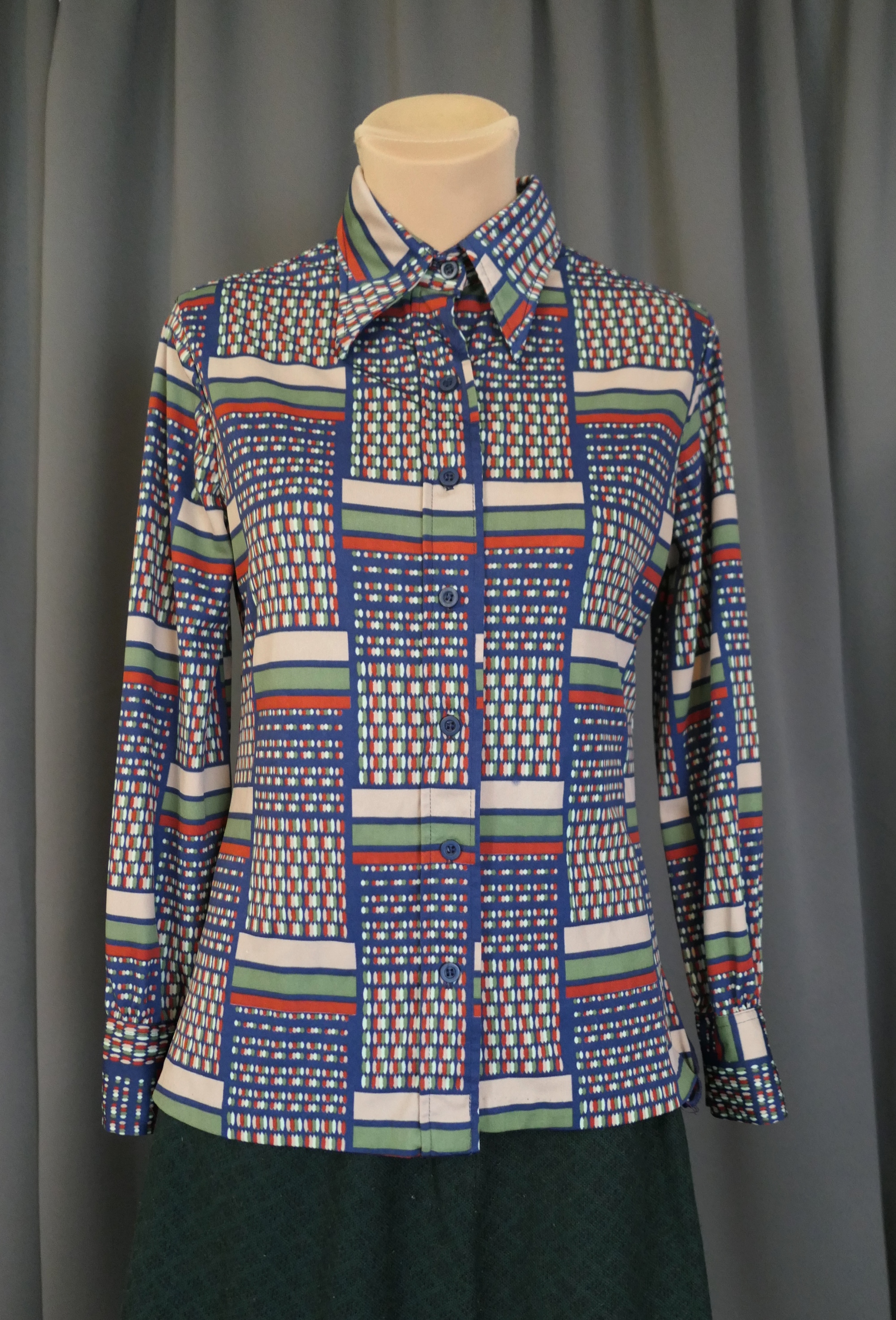 Vintage 1970s Blue, Olive & Brown Print Blouse, 34 bust