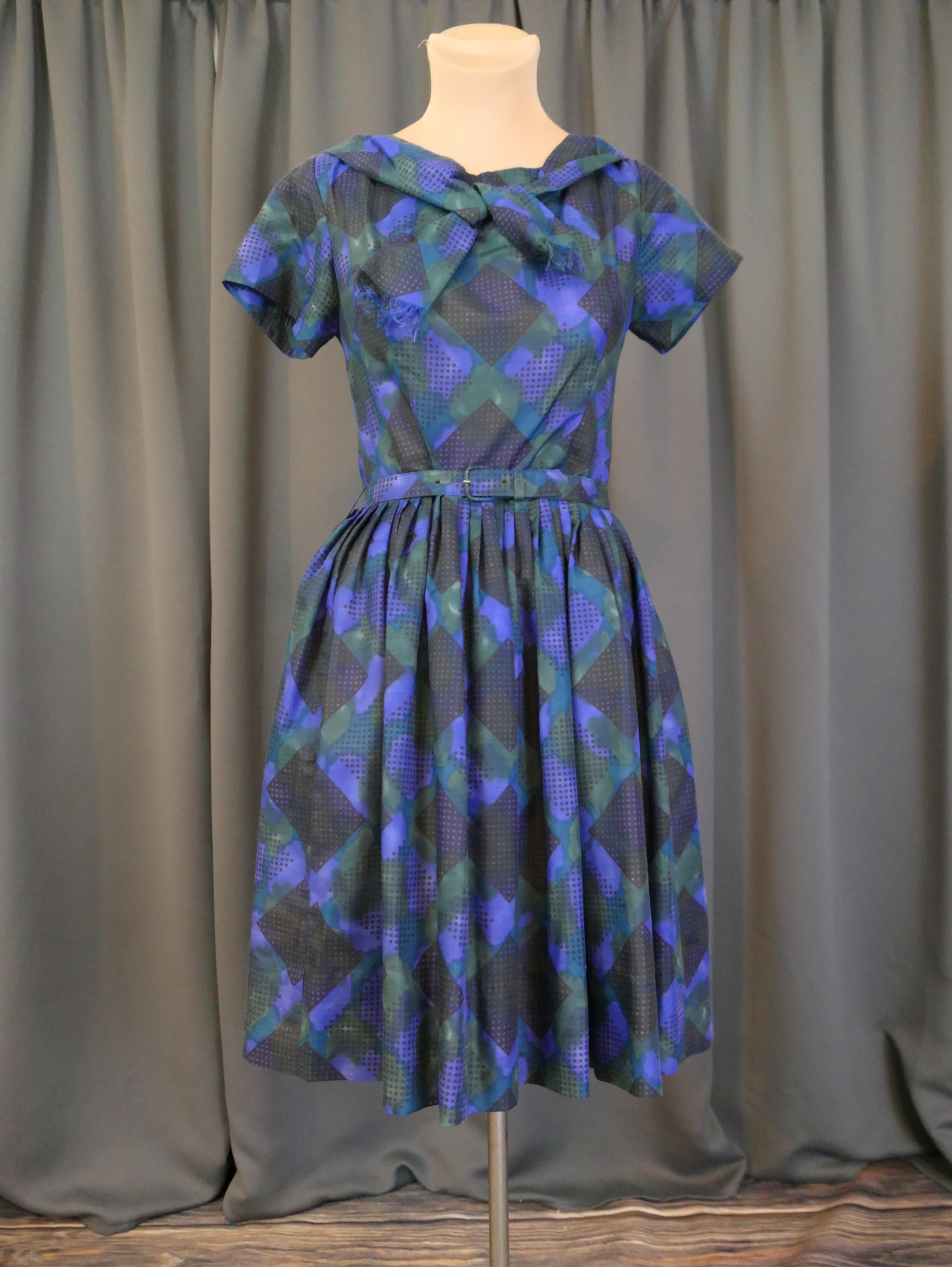 Vintage Blue Black & Purple Dress, 1960s Full Skirt, 33 bust
