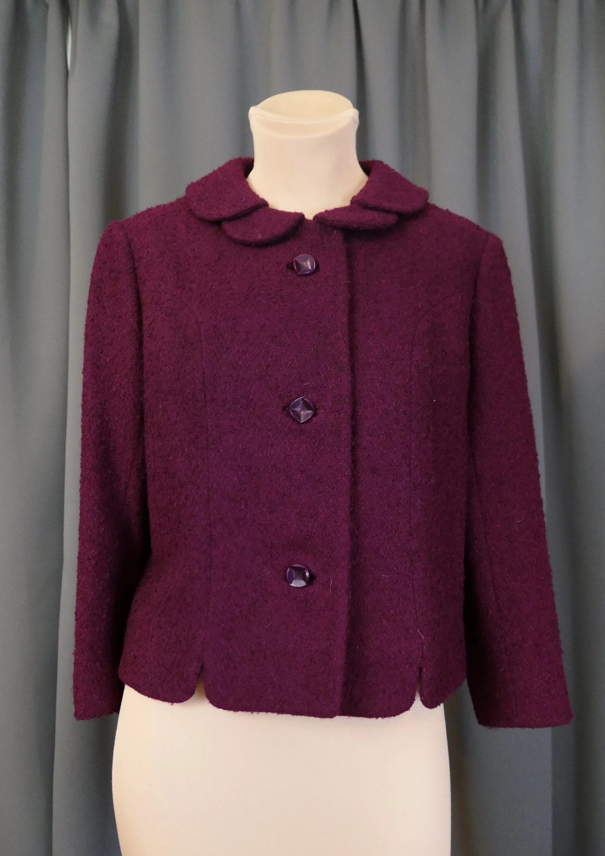 Vintage 1960s Suit Jacket, Boucle Wool, 37 bust, Mulberry