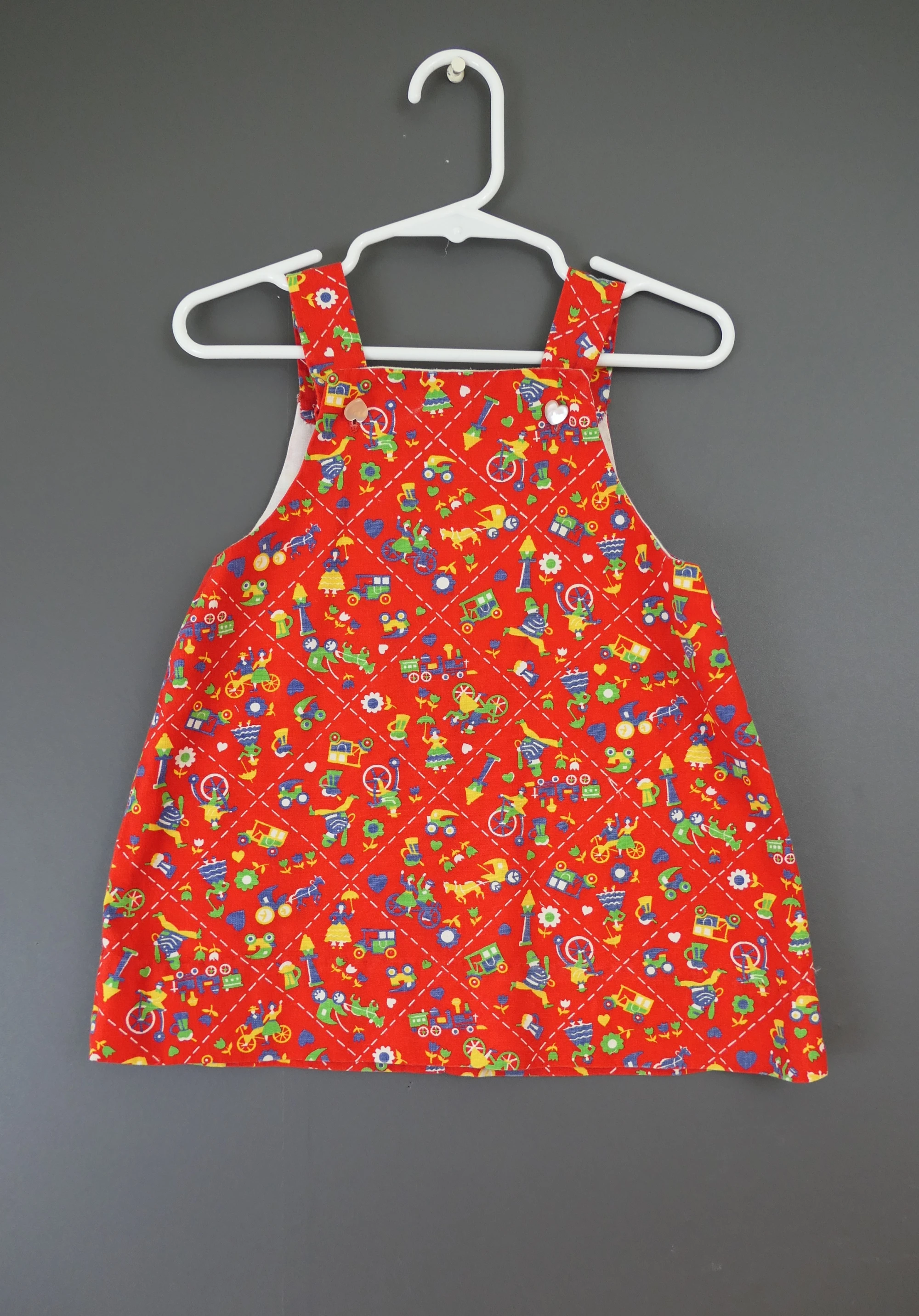 Vintage Little Girl Red Romper Dress, 1970s 1980s Toddler, Novelty Print