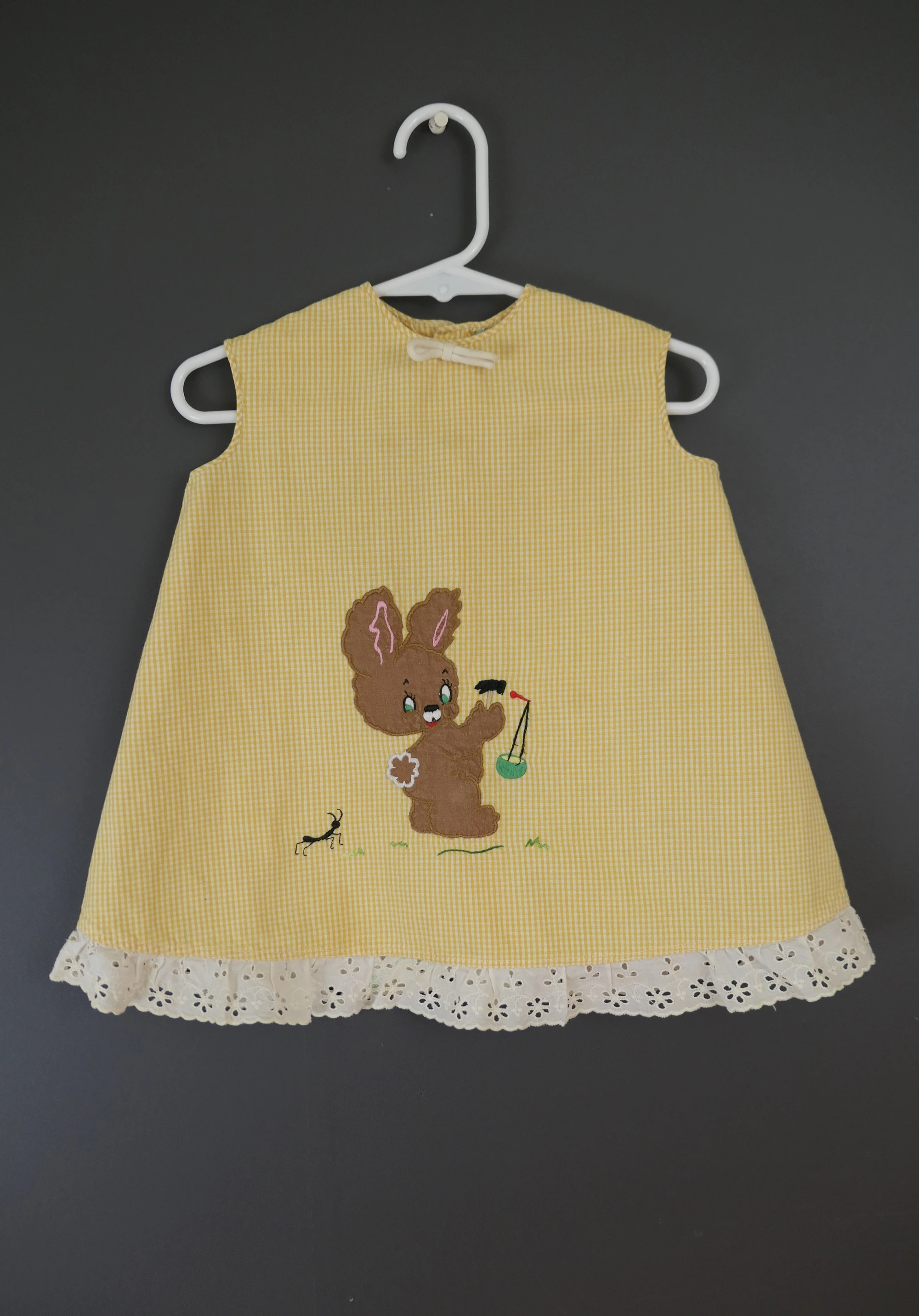Vintage Little Girl Dress with Bunny Applique, Yellow Gingham, 1970s Toddler