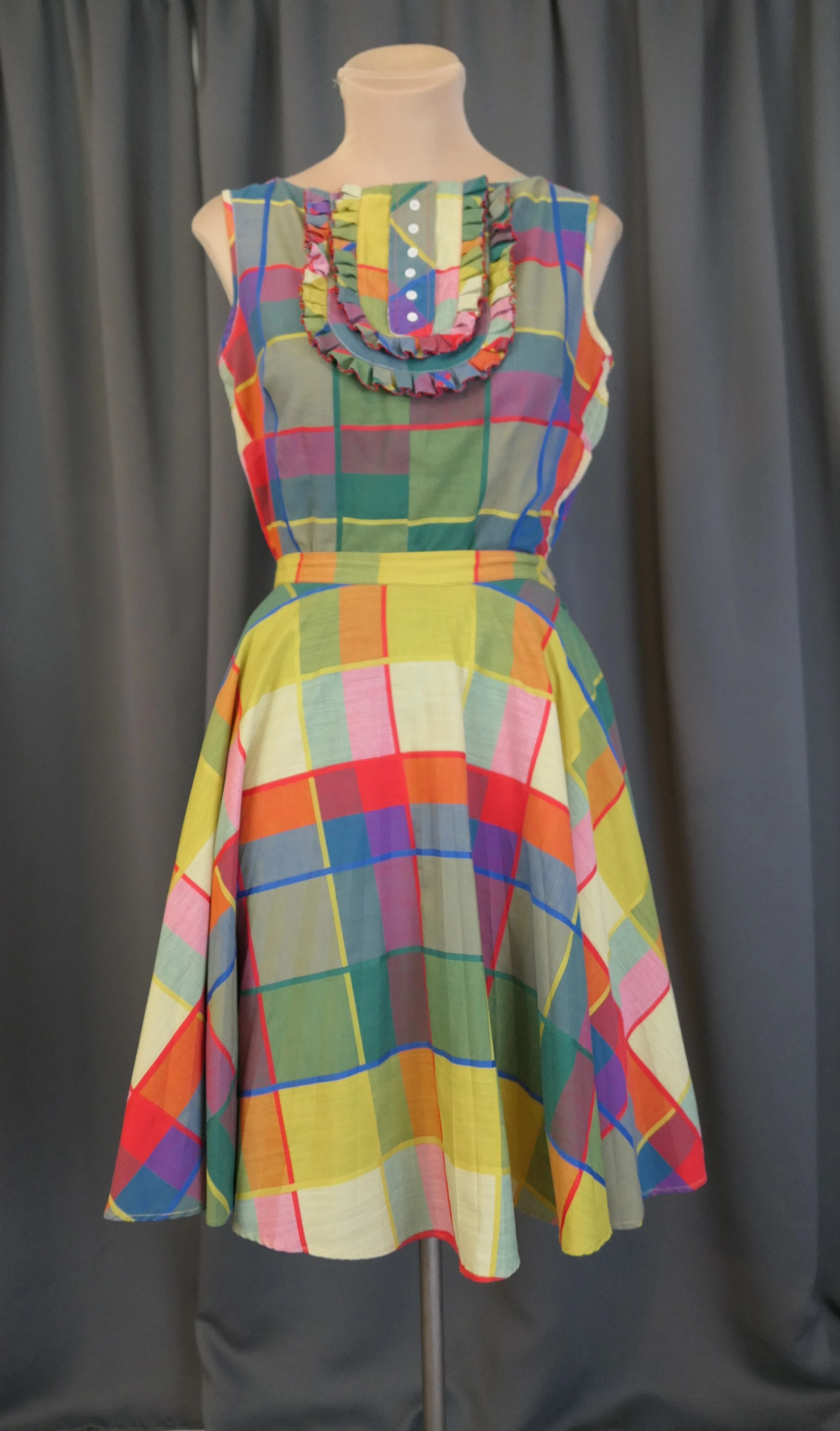 Vintage Plaid Blouse and Skirt Set, Ruffles, 1960s, 35 bust, 27 waist