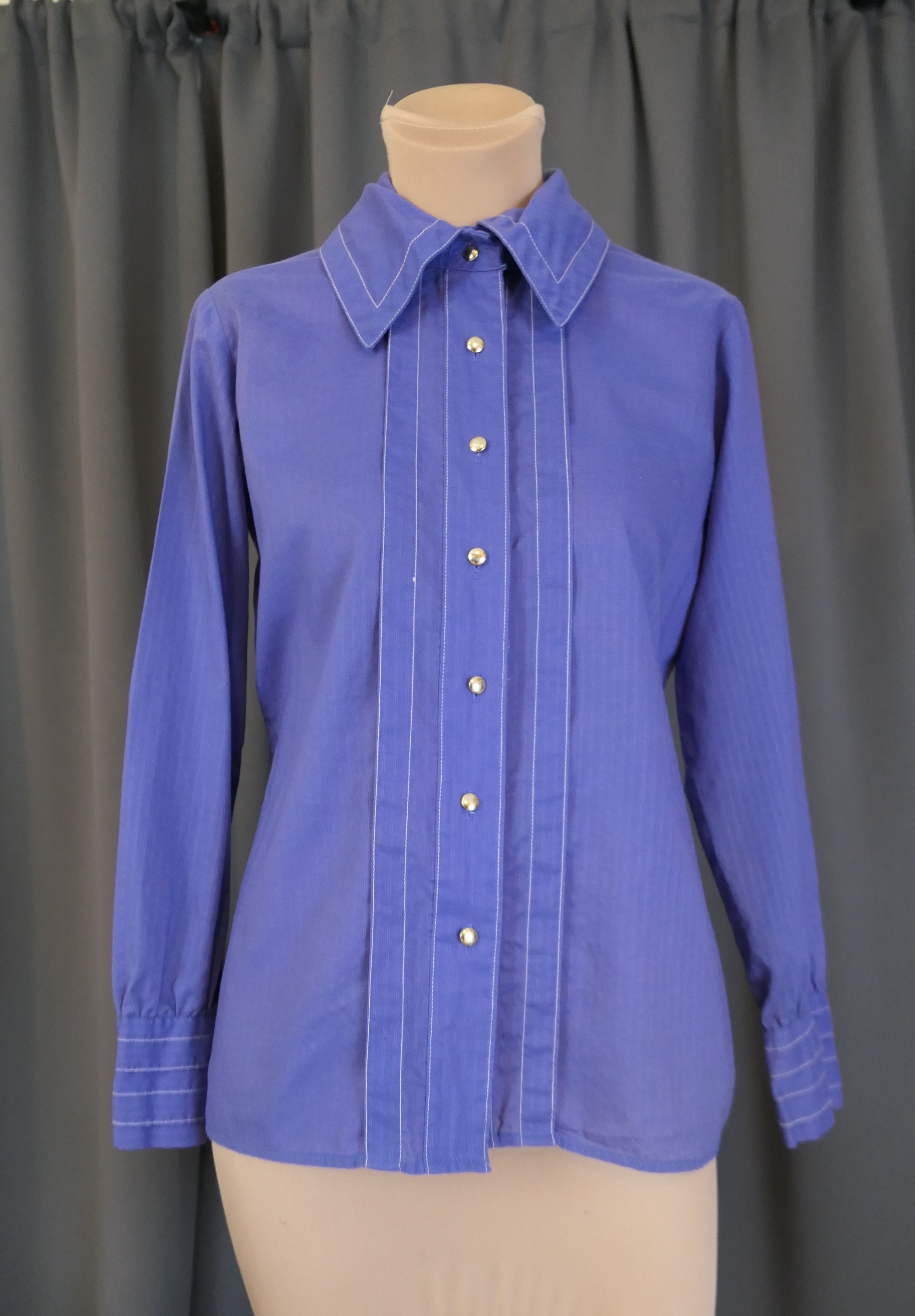 Vintage Purply Blue Long Sleeved Blouse, 1970s, 36 bust, striped, silver buttons