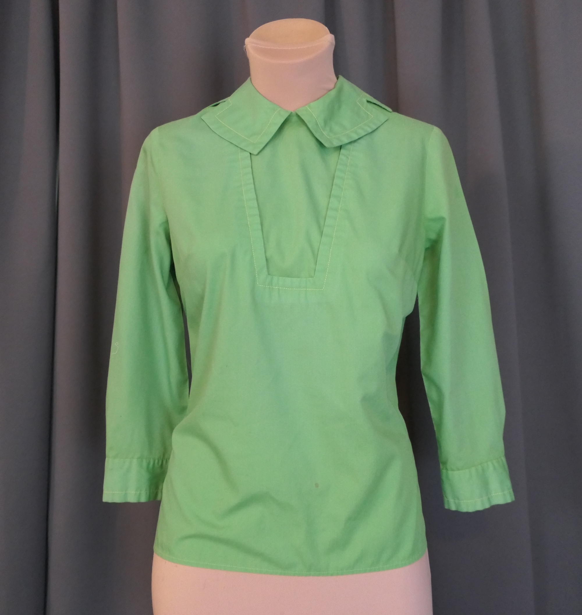 Vintage Bright Green Button Back Blouse, 1970s, fits 34 inch bust, cotton blend