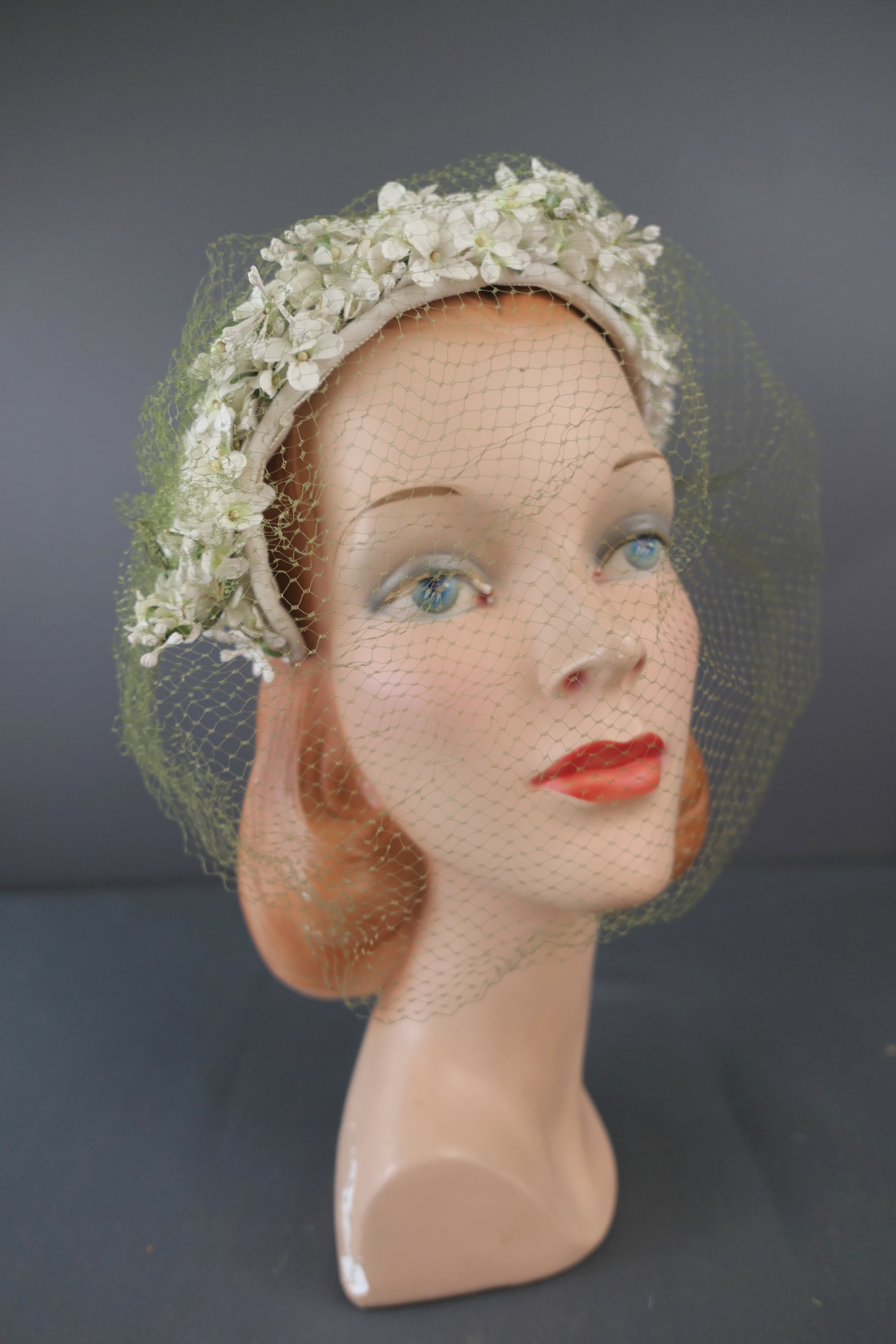 Vintage Small White Flowers White Hat 1950s Cap with Green Veil, 22 inch head