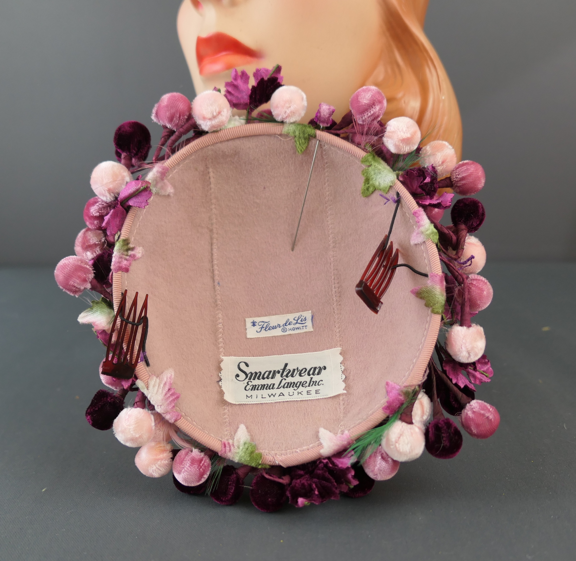 Vintage Burgundy and Pink Floral Hat, 1950s Velvet Buds 