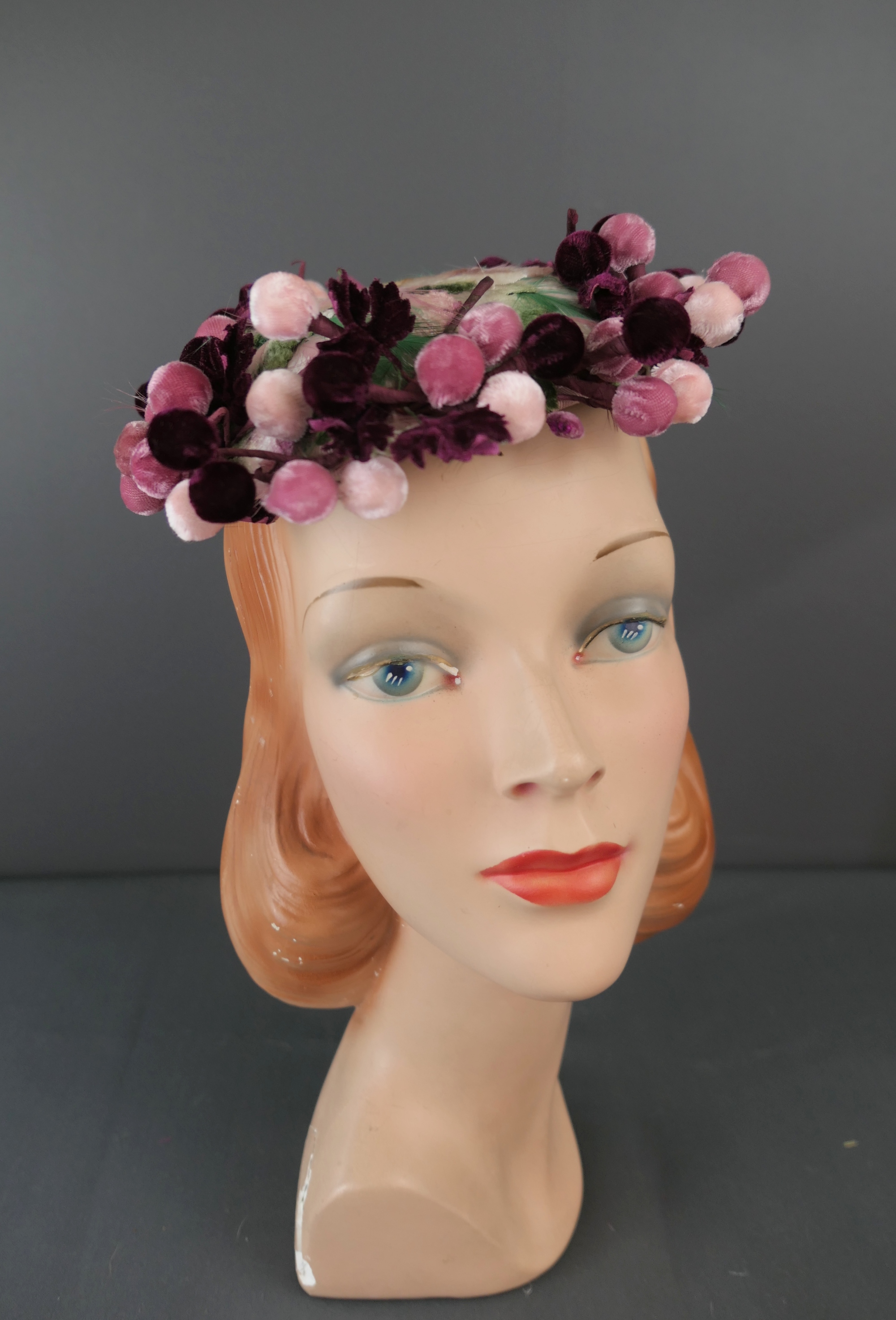 Vintage Burgundy and Pink Floral Hat, 1950s Velvet Buds Topper, Fleur de Lis, any size