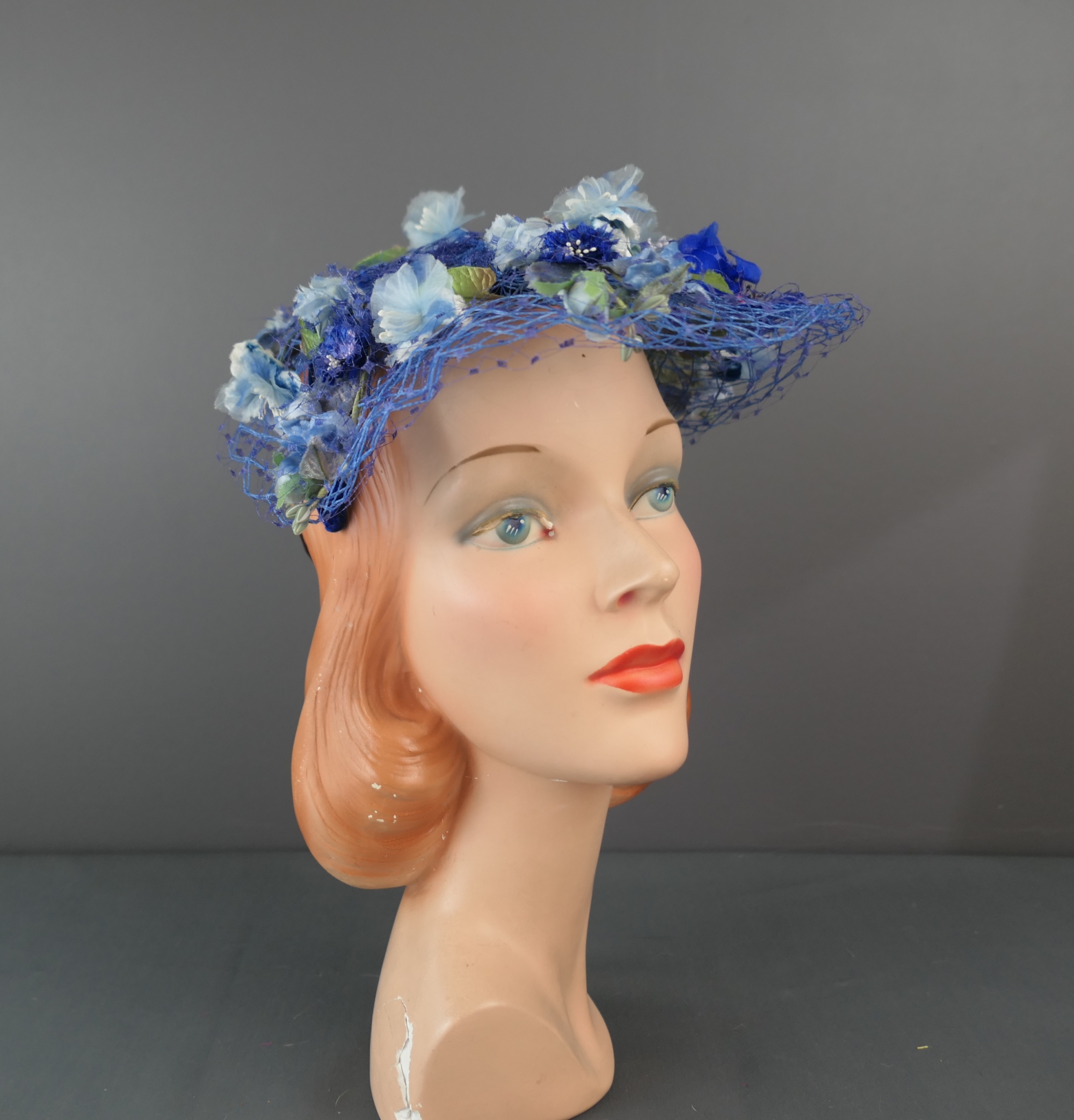 Vintage Blue Floral Netting Hat, 1950s, any size head