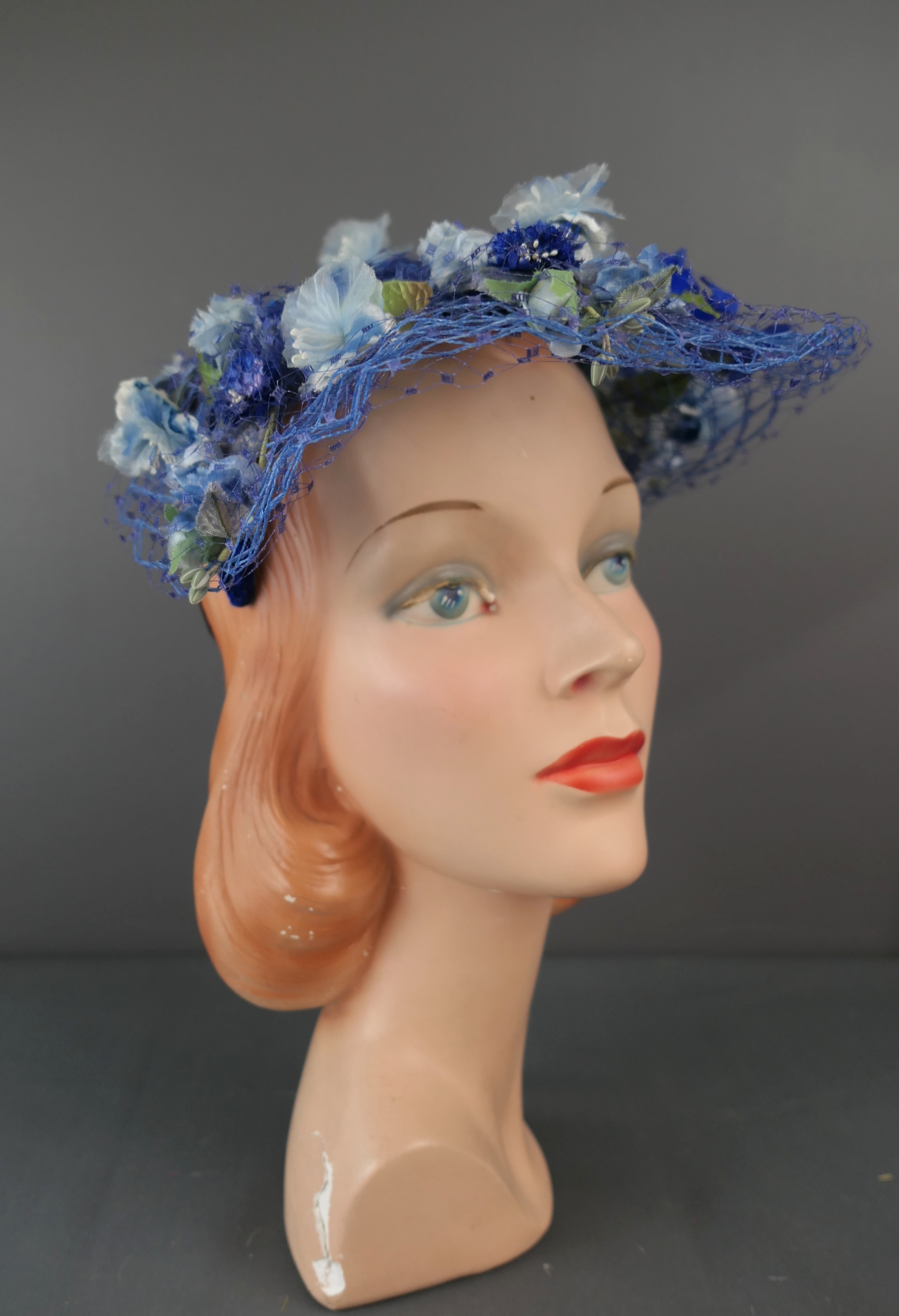 Vintage Blue Floral Netting Hat, 1950s, any size head
