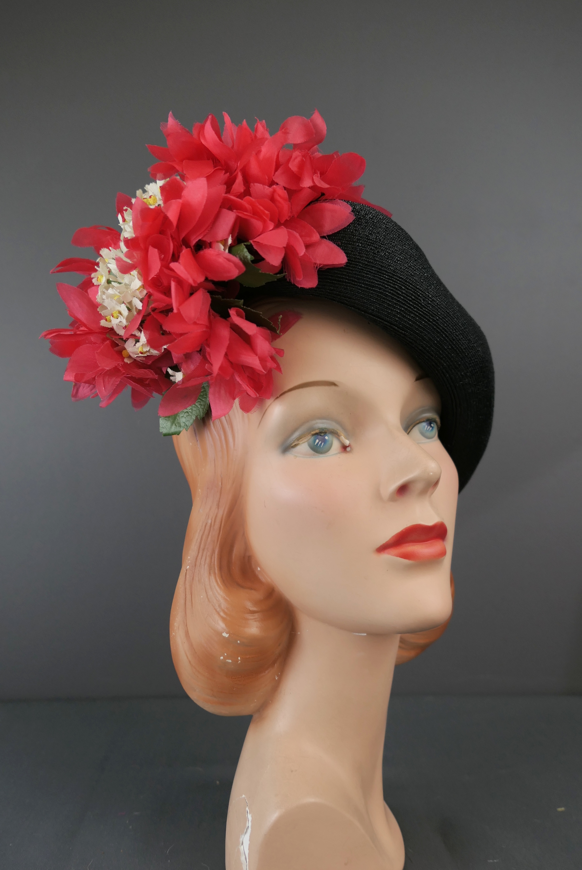 Dramatic Vintage Tilt Hat, Black Straw with Bright Floral 1950s Grace Nugent Los Angeles, 22 inch head