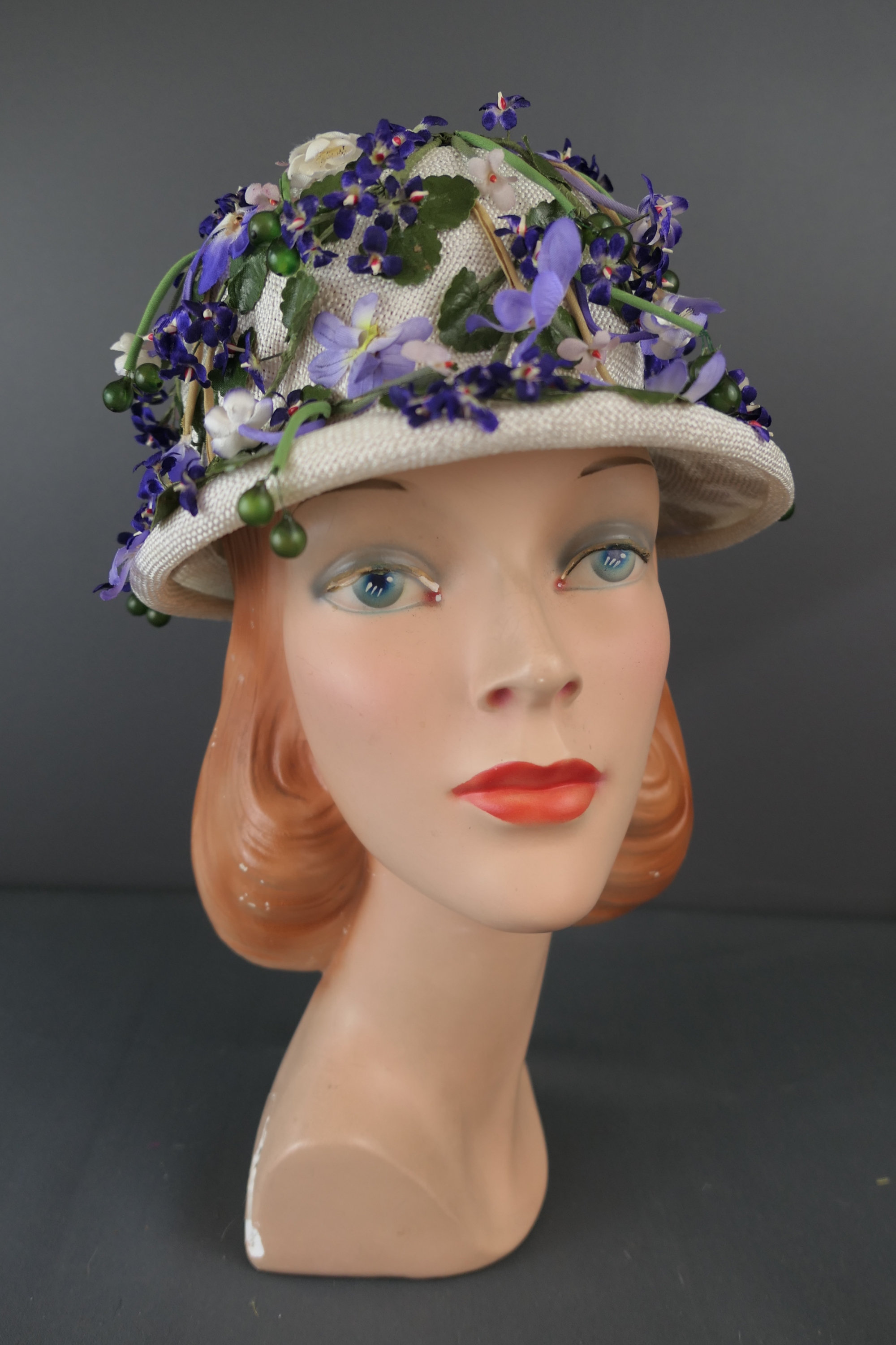 Vintage Lavender and Purple Flowers Hat , 1950s White Straw, 22 inch head, Suzy Lee, Lou Fritzel
