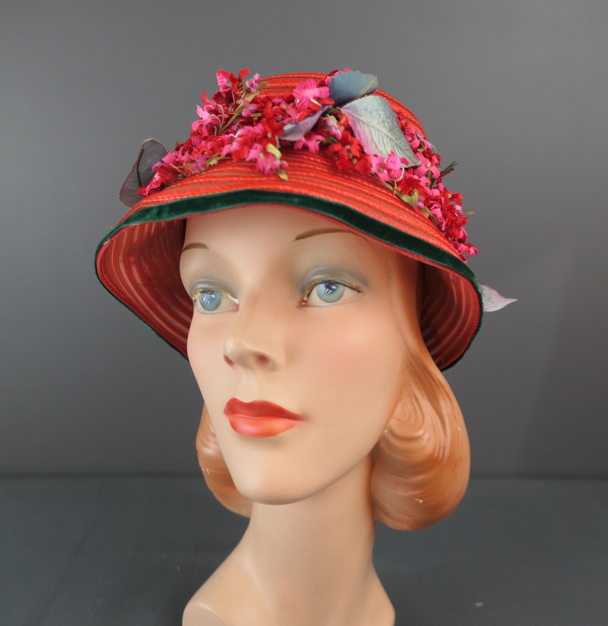 Vintage Red Floral Hat with Tiny Red and Pink Flowers  display picture 1