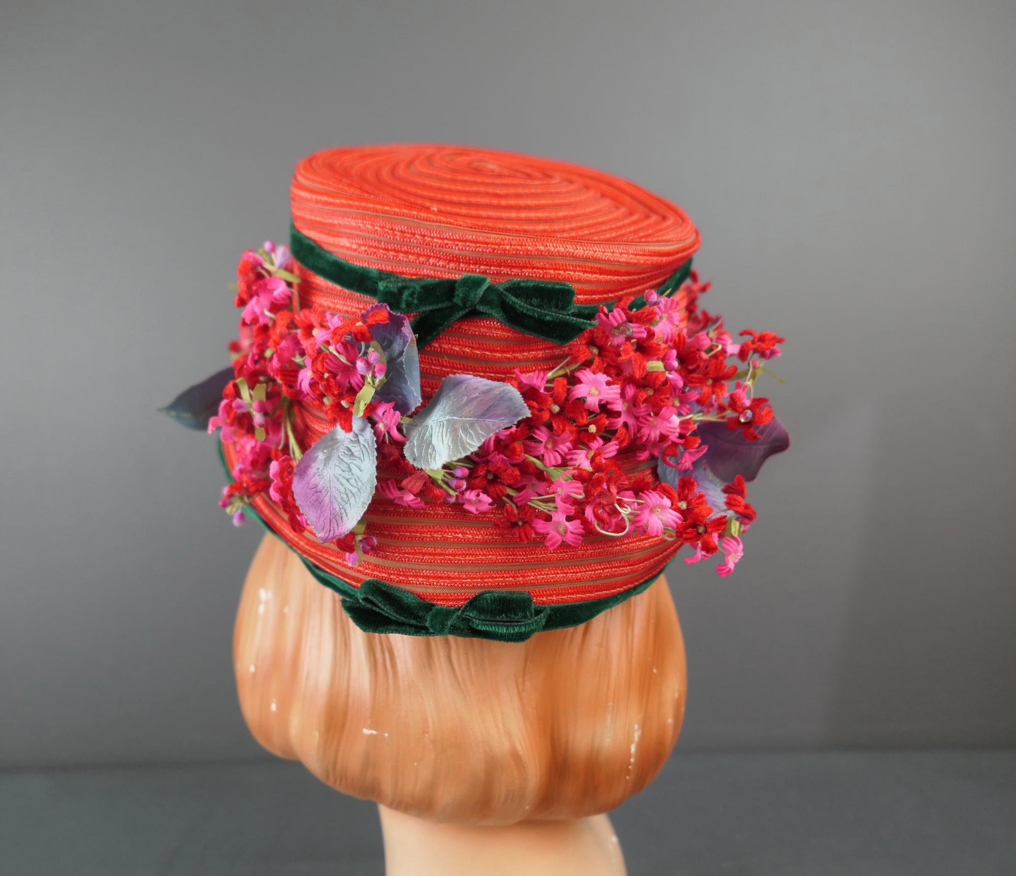 Vintage Danali\'s Originals 50s Pink Ruffled Flower Velvet Cap Hat M/L Vintage Burgundy and Pink Floral Hat, 1950s Velvet Buds  main image 2