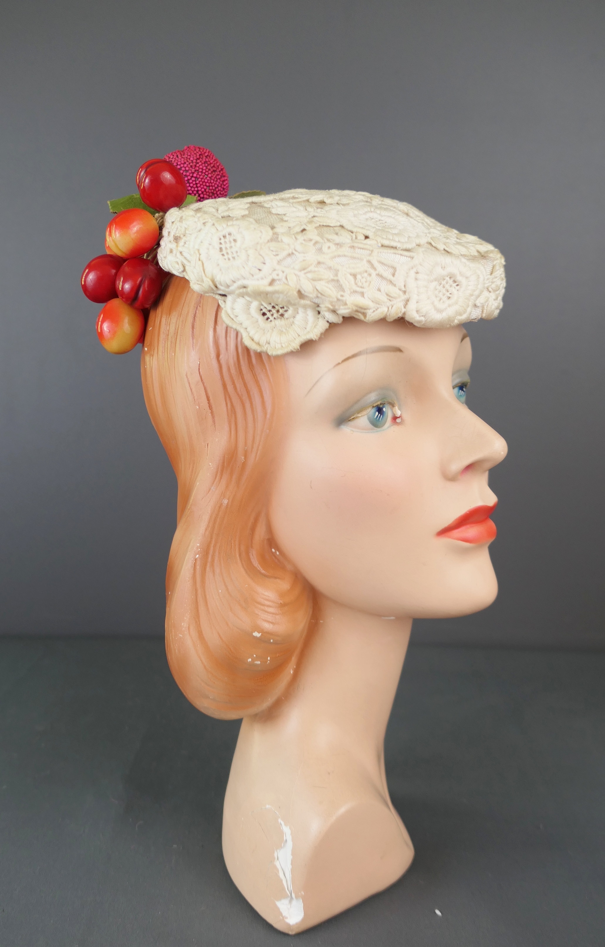 Vintage Lace Topper Hat with Dangling Berries Fruit, 1950s, issues