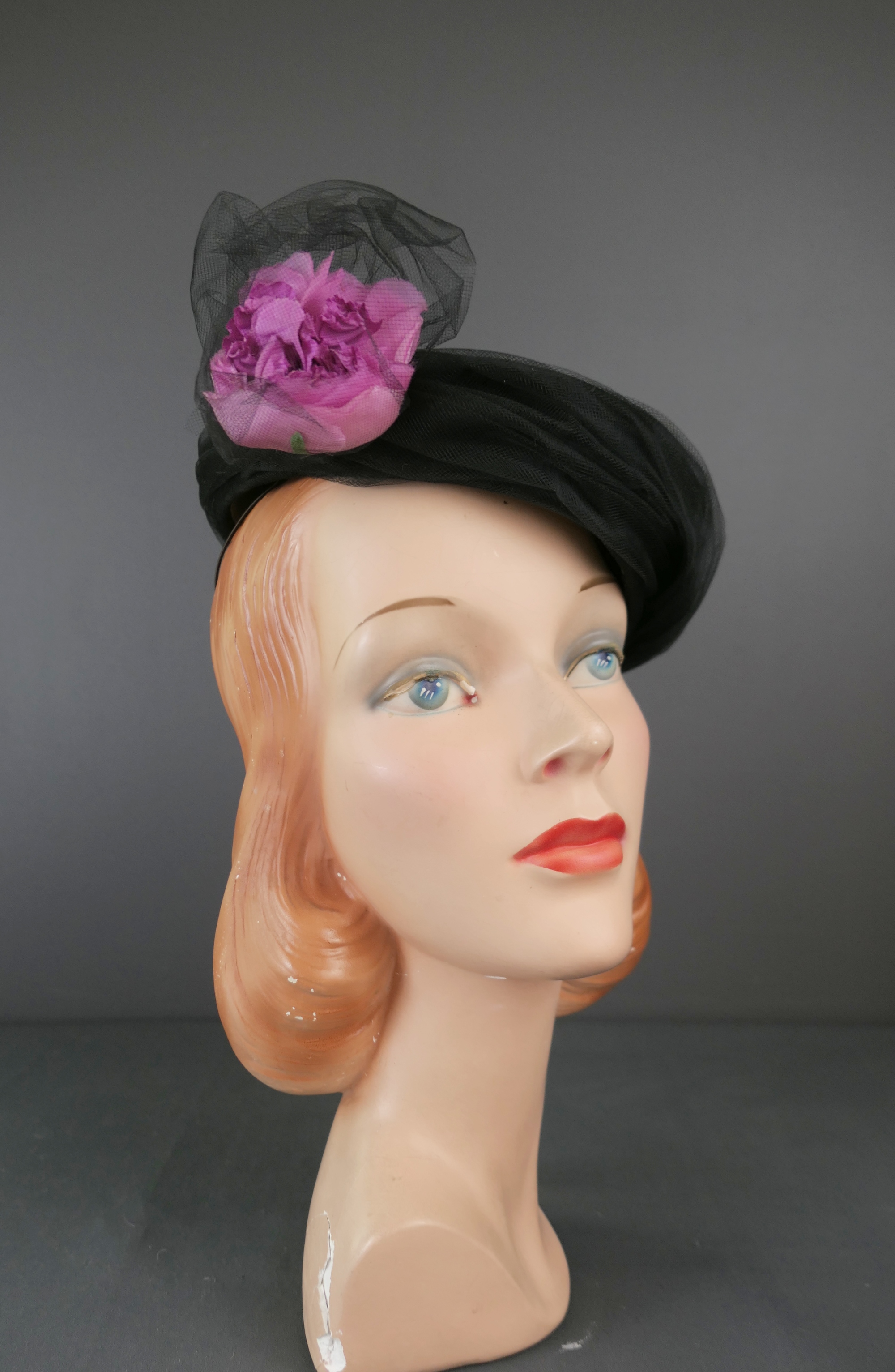 Vintage Black Tulle  Hat with Pink rose and Petals, 1950s Topper Hixon's