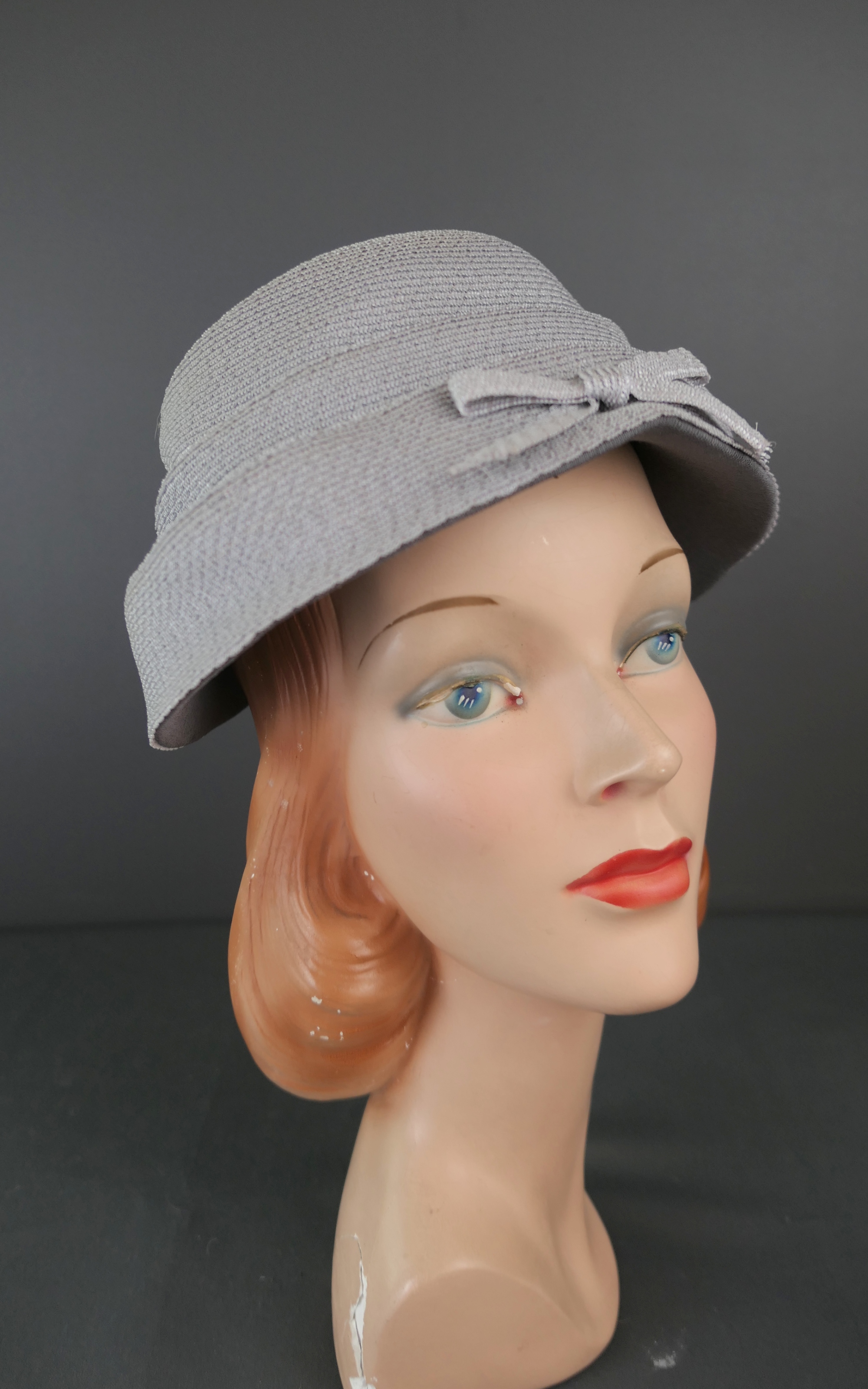 Vintage 1940s Grey Straw Hat  with Fabric Brim, 21 inch head