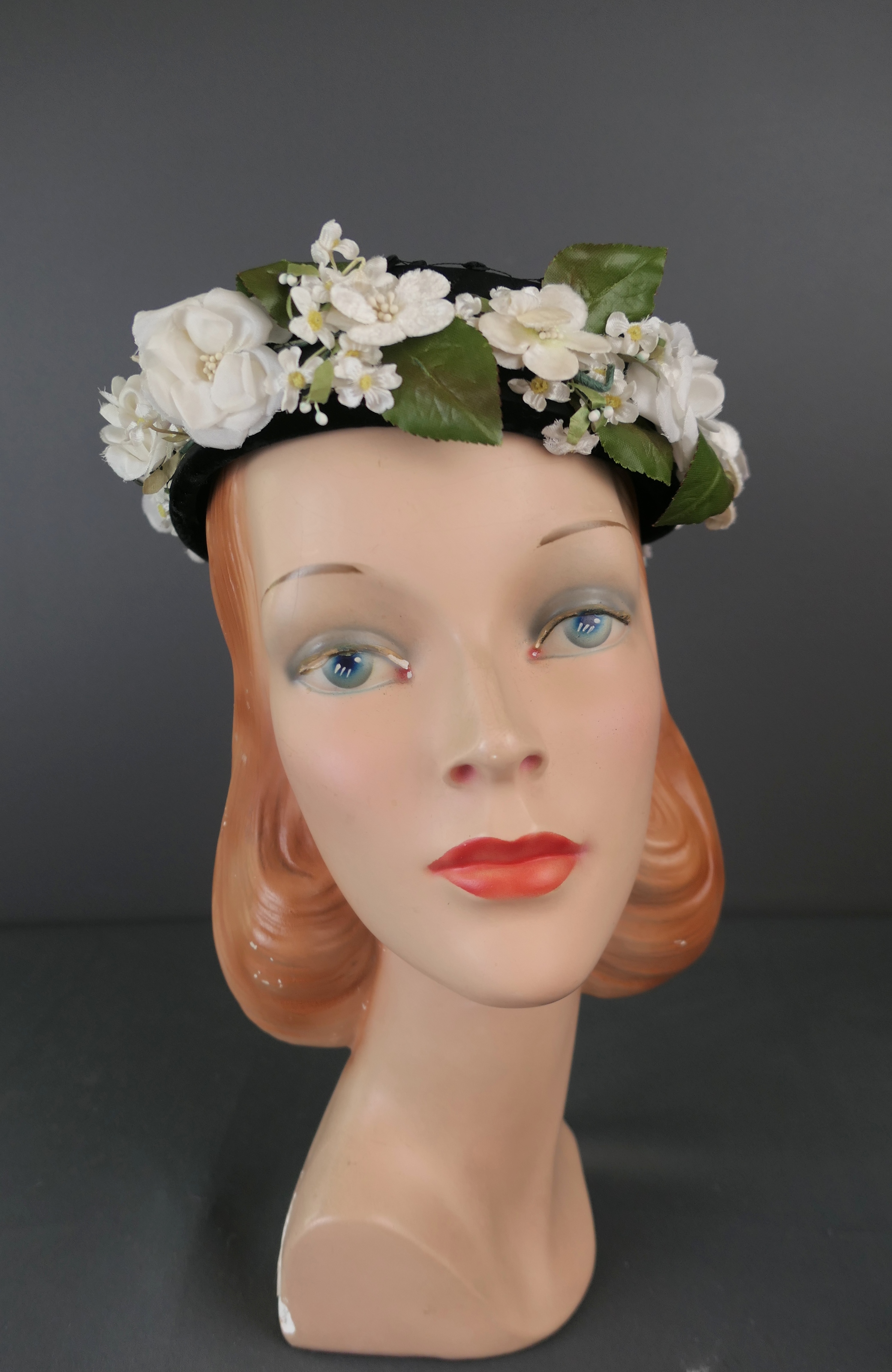 Vintage White Floral Hat Black Satin Topper, 1950s Brandt New York, 22 inch head