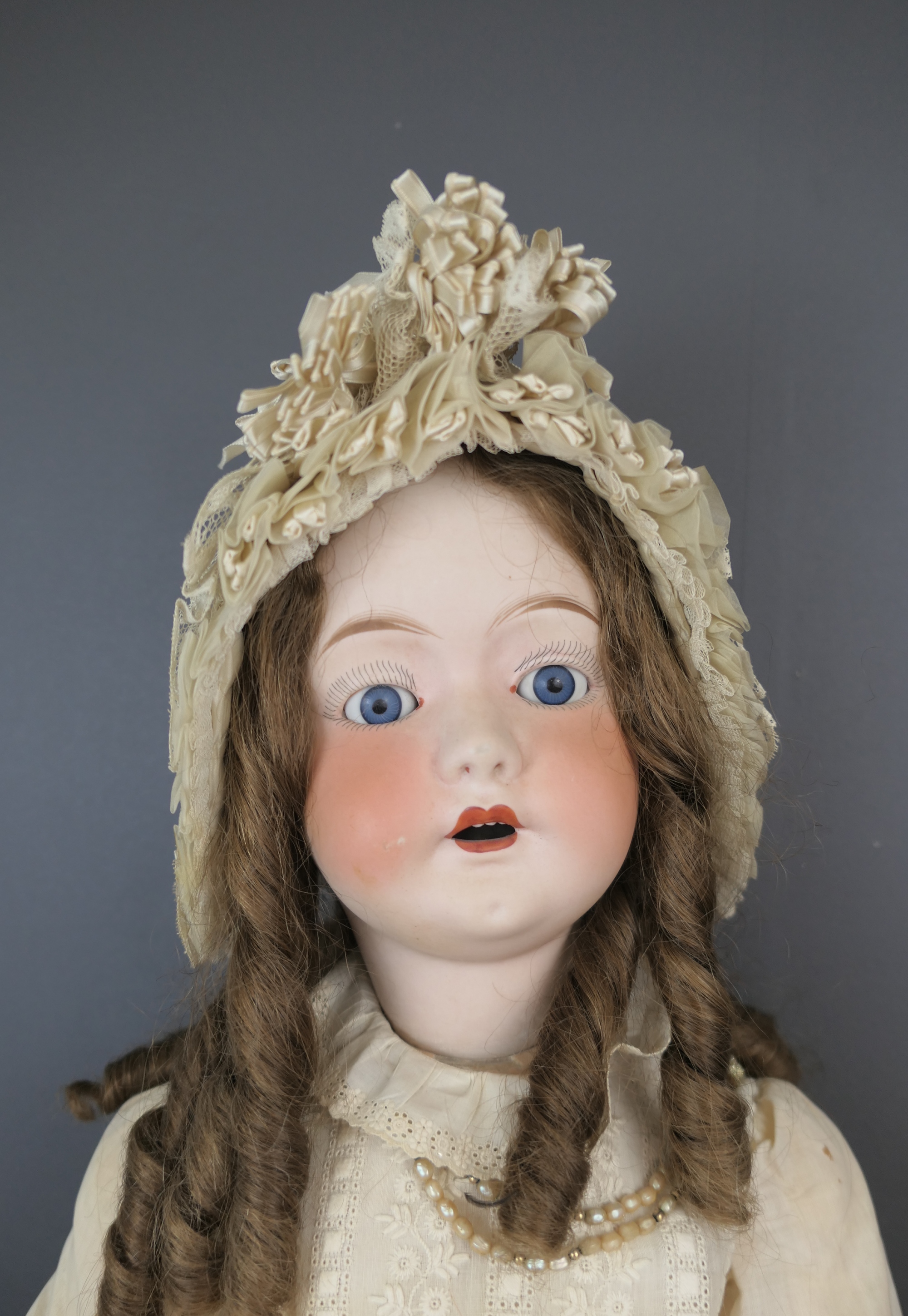 Antique Silk Baby Bonnet Hat 1900s Edwardian, Lace Tulle and Ribbon, 16 inch head, Large Doll