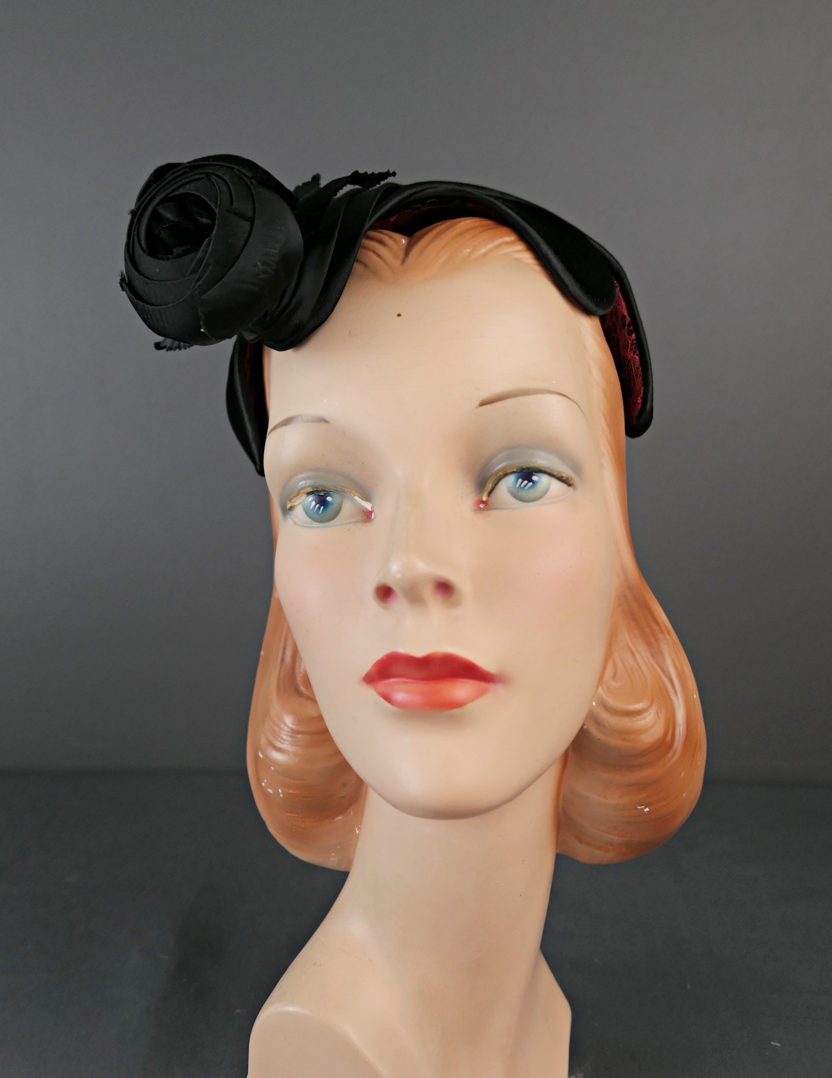 Vintage 1950s Evening Hat Black Velvet and Satin Juliet Eggshell Cap, Rosette Hixon's Milwaukee