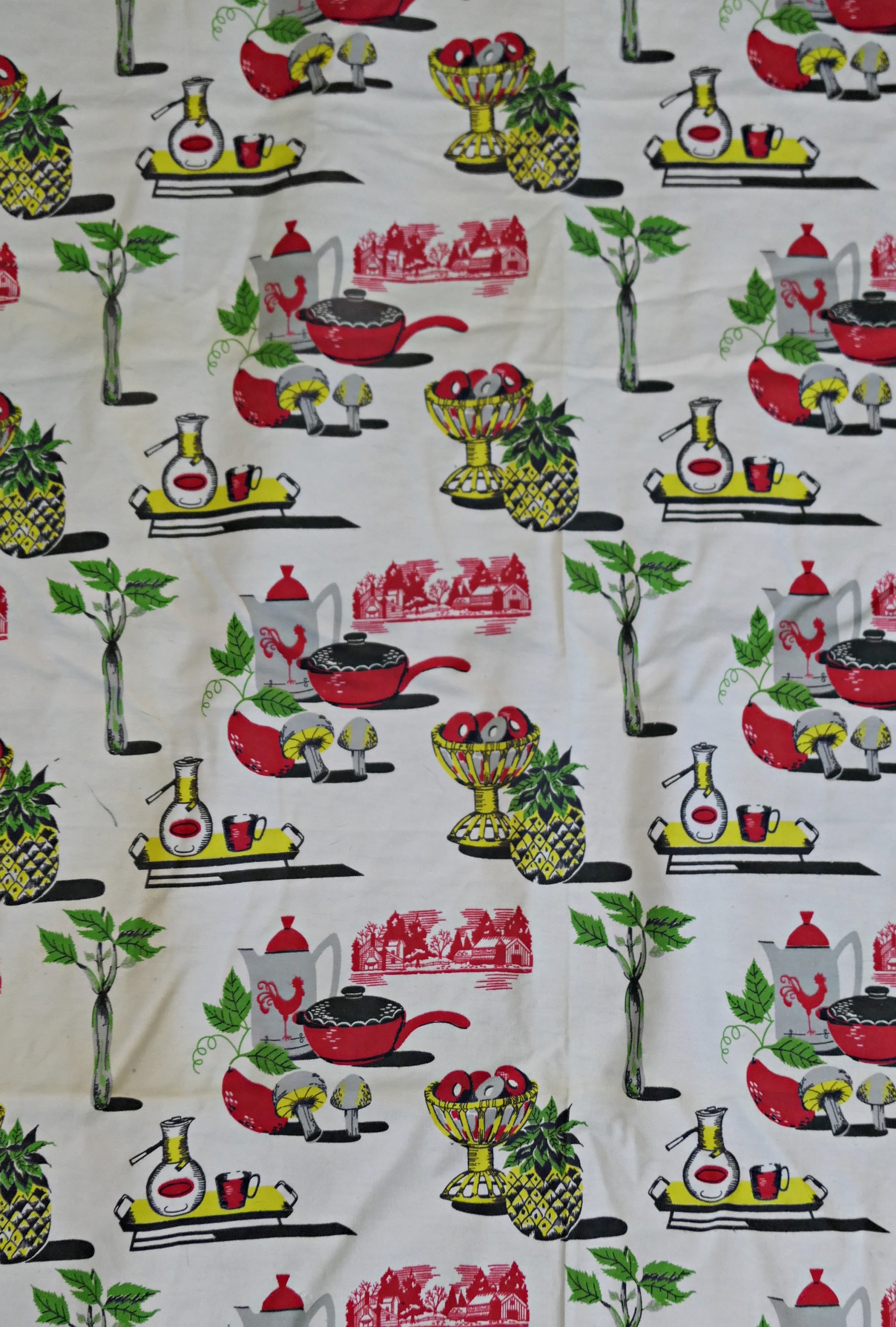 Vintage 1960s Novelty Print Kitchen Fabric,  7+ yards, Coffee Pots and Pans