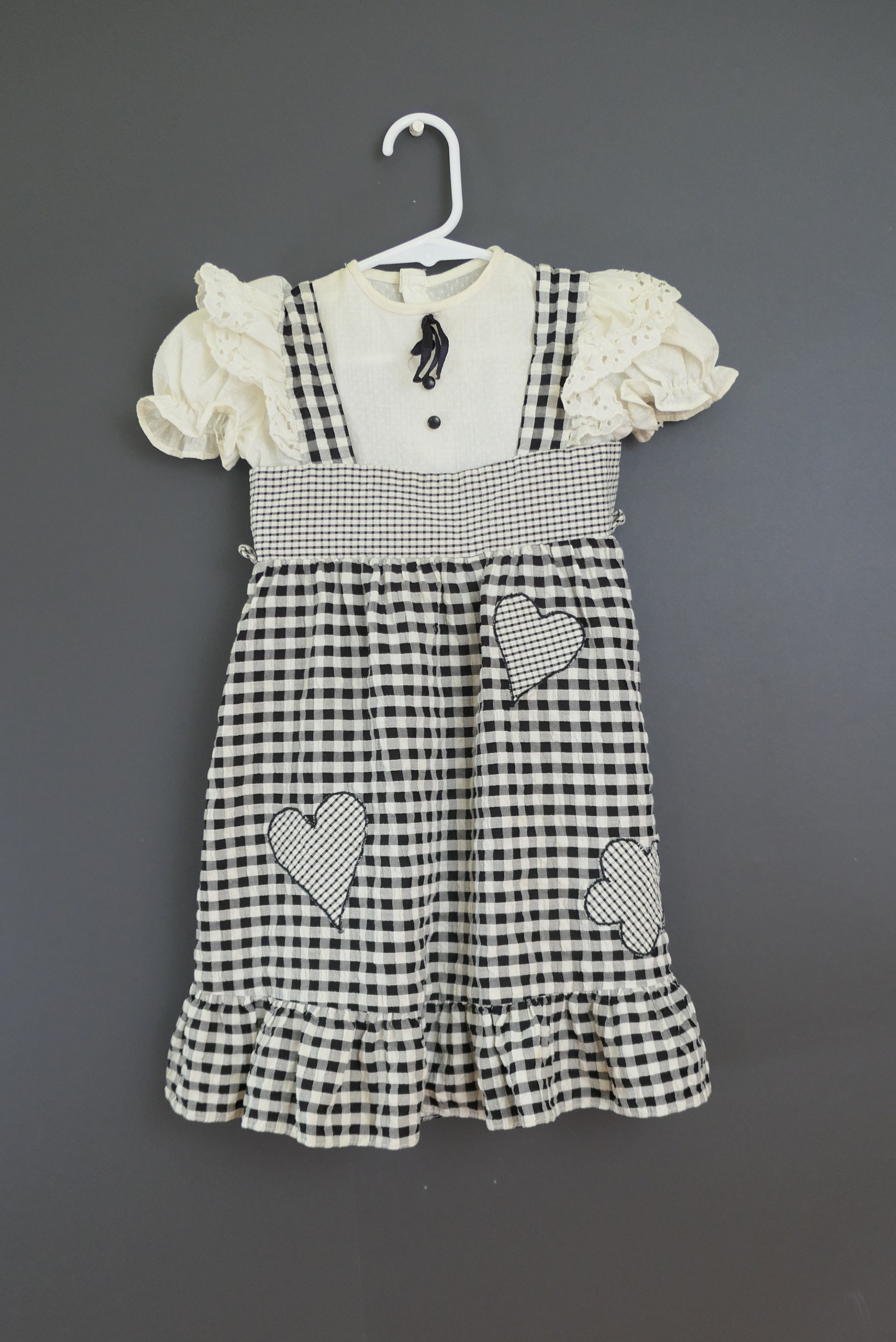Vintage Little Girl Black & White Dress, Hearts Eyelet and Gingham 1980s, Nannette