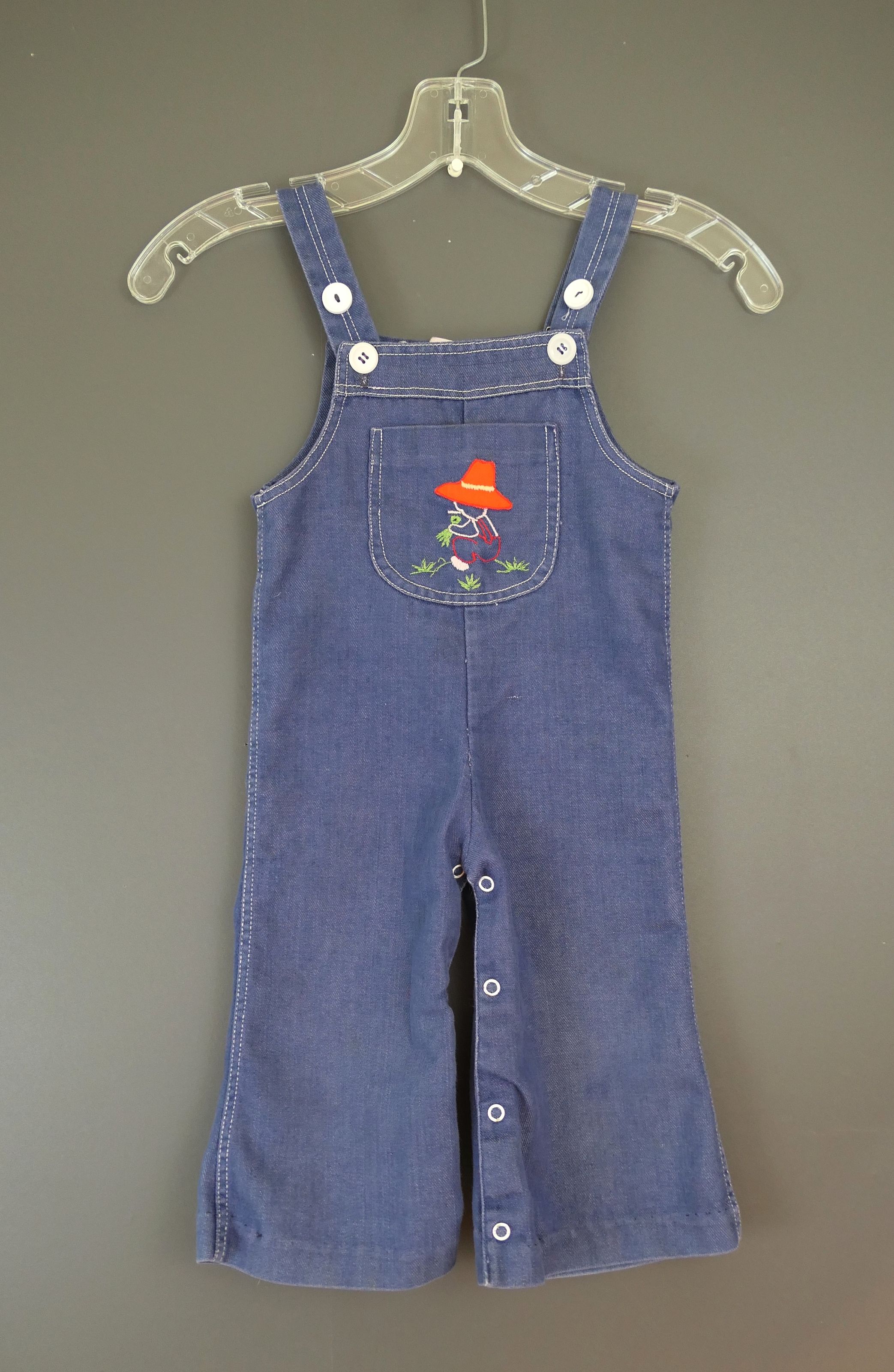 Vintage Little Girl's Denim Overalls, Farmer and Frog appliques, 1980s
