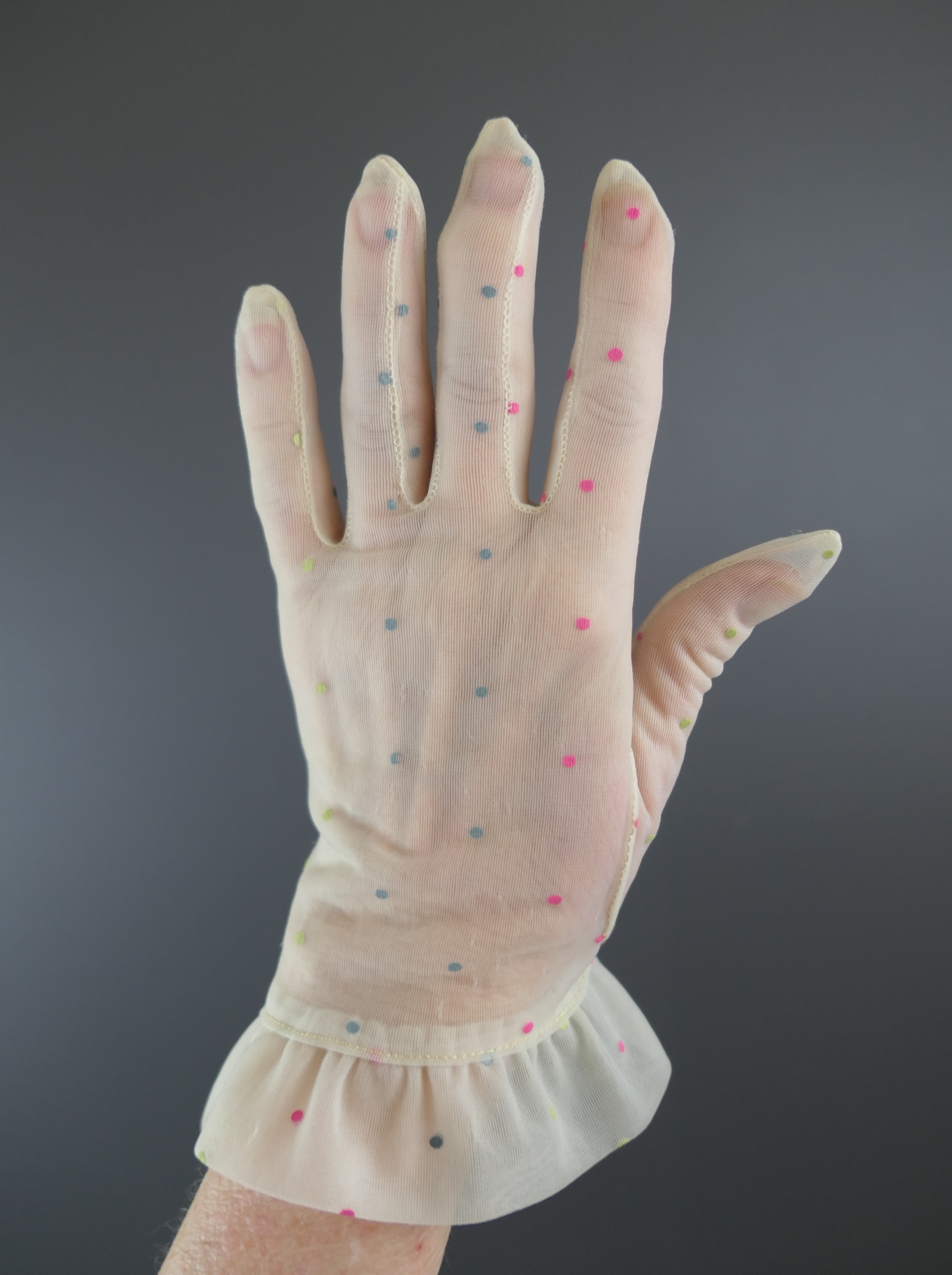 Vintage Sheer White Gloves with Polka Dots, 1950s, issues, sz6-1/2