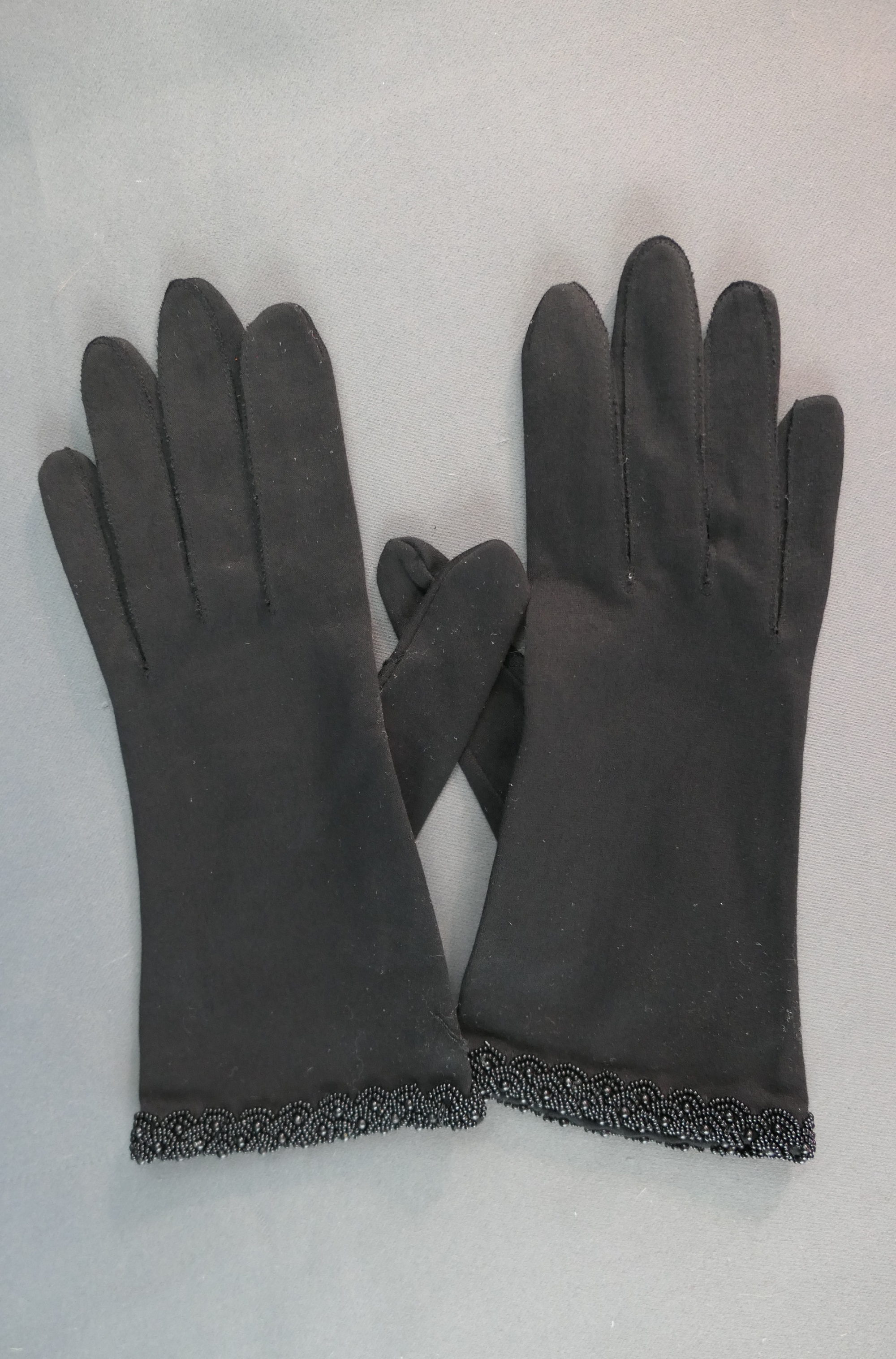 Vintage Black Beaded Dress Gloves, 1950s, size 7, cotton