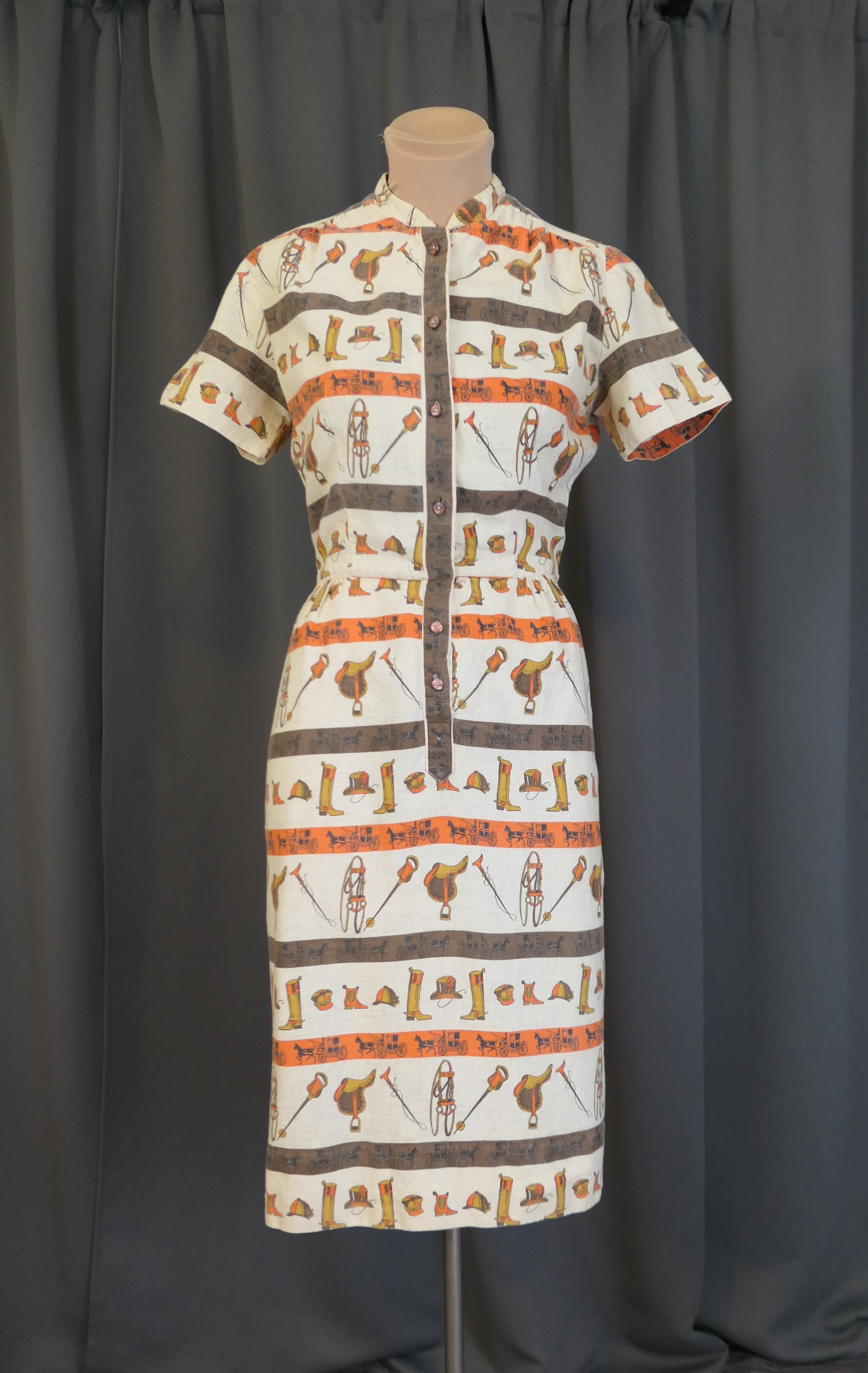 Vintage Horse Equestrian Print Dress, 1960s Button Front, DAMAGED, 34 bust, Bobbie Brooks