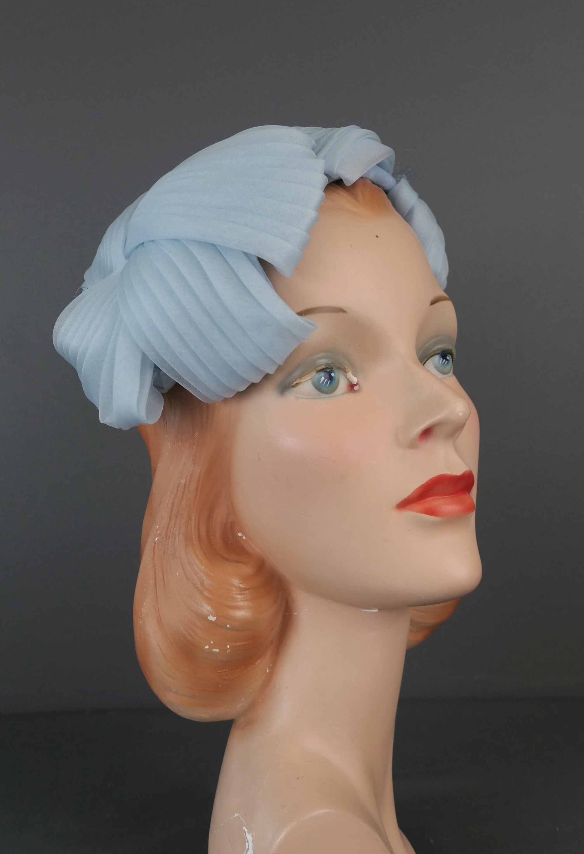 Vintage Blue Chiffon Half Hat  1950s 1960s, sheer lace top, any size