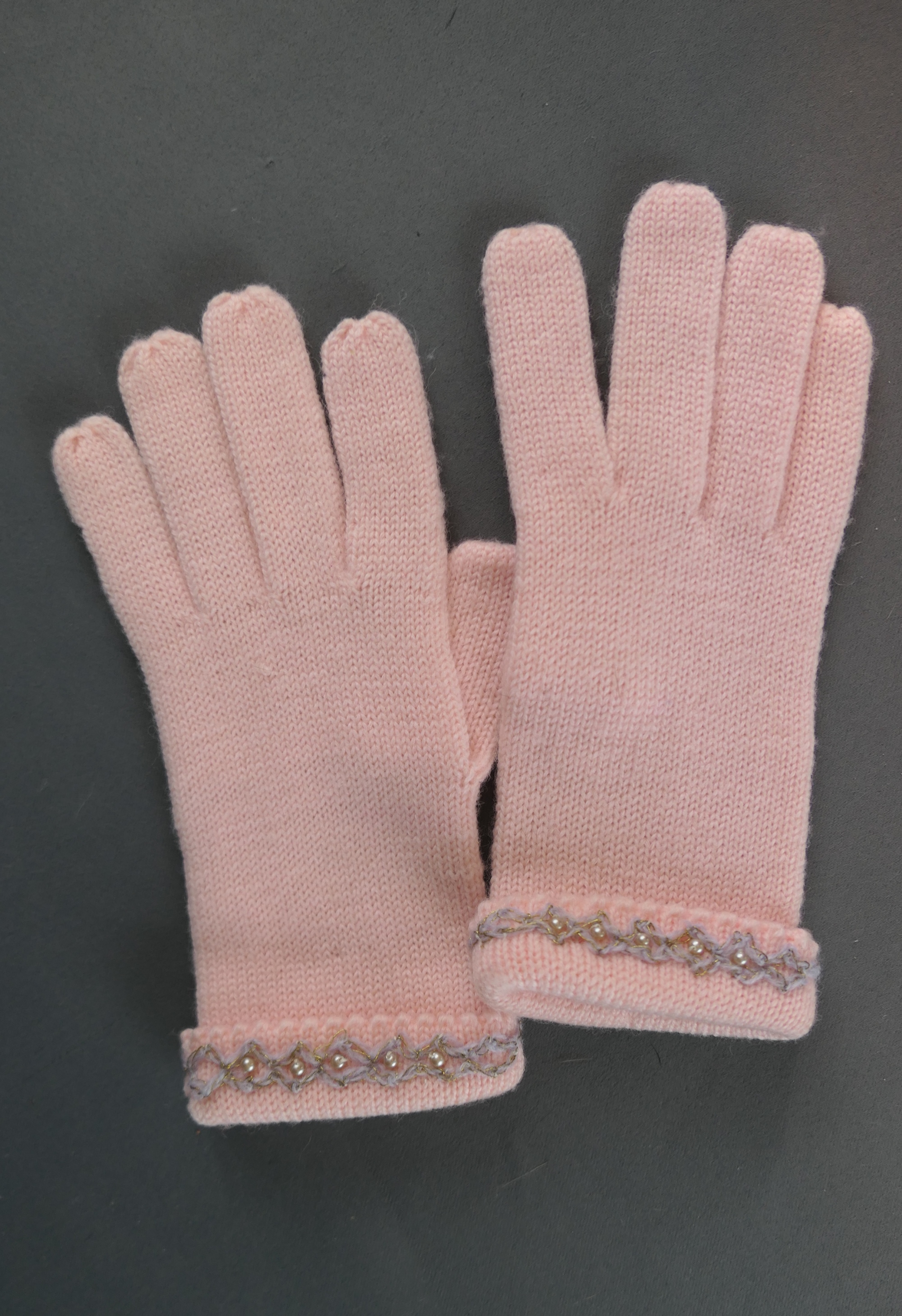 Vintage Pink Wool Knit Gloves with earls & Trim, 1950s, issues