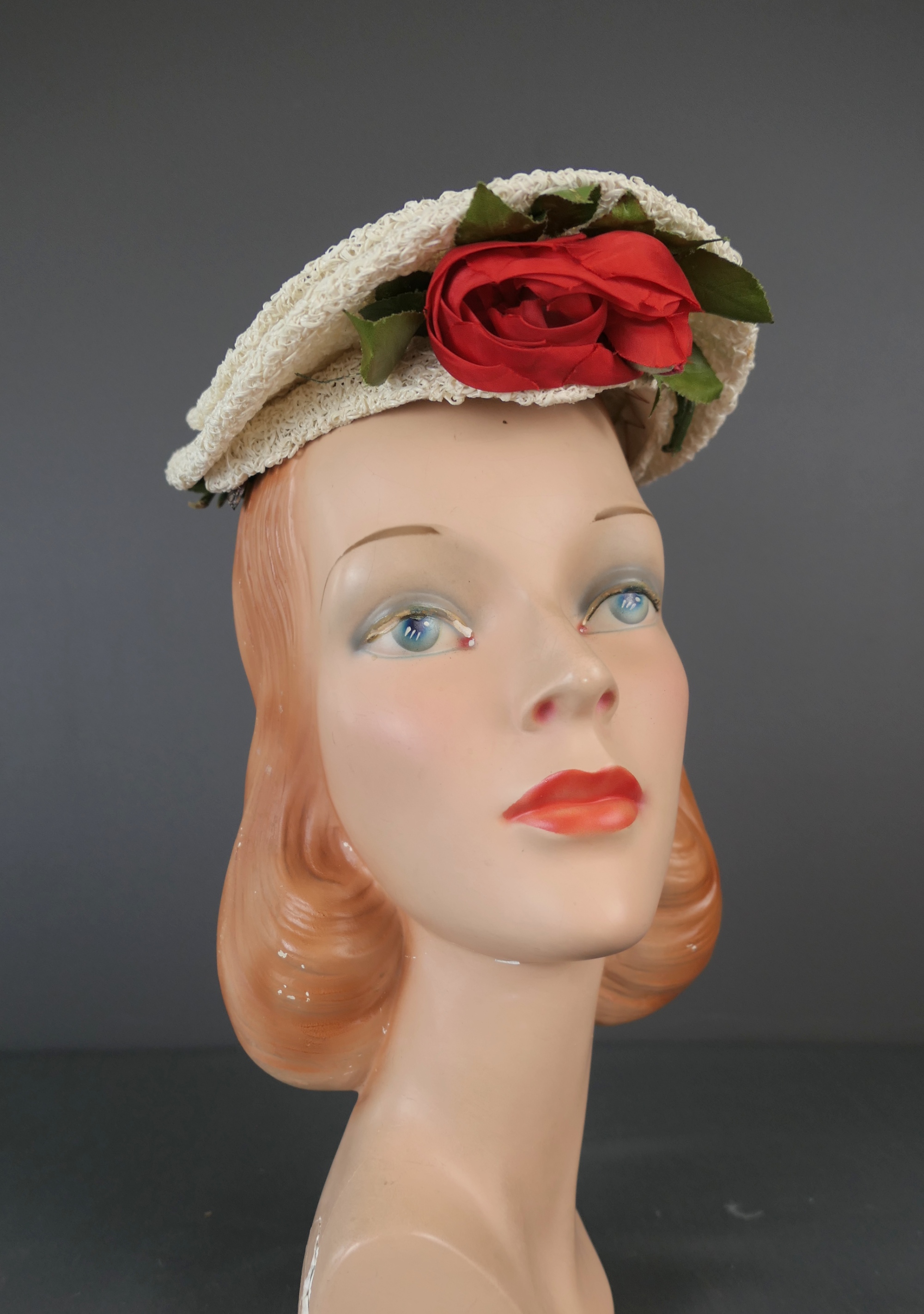 Vintage 1950s White Topper Hat Straw with Red Roses in front and back, any size