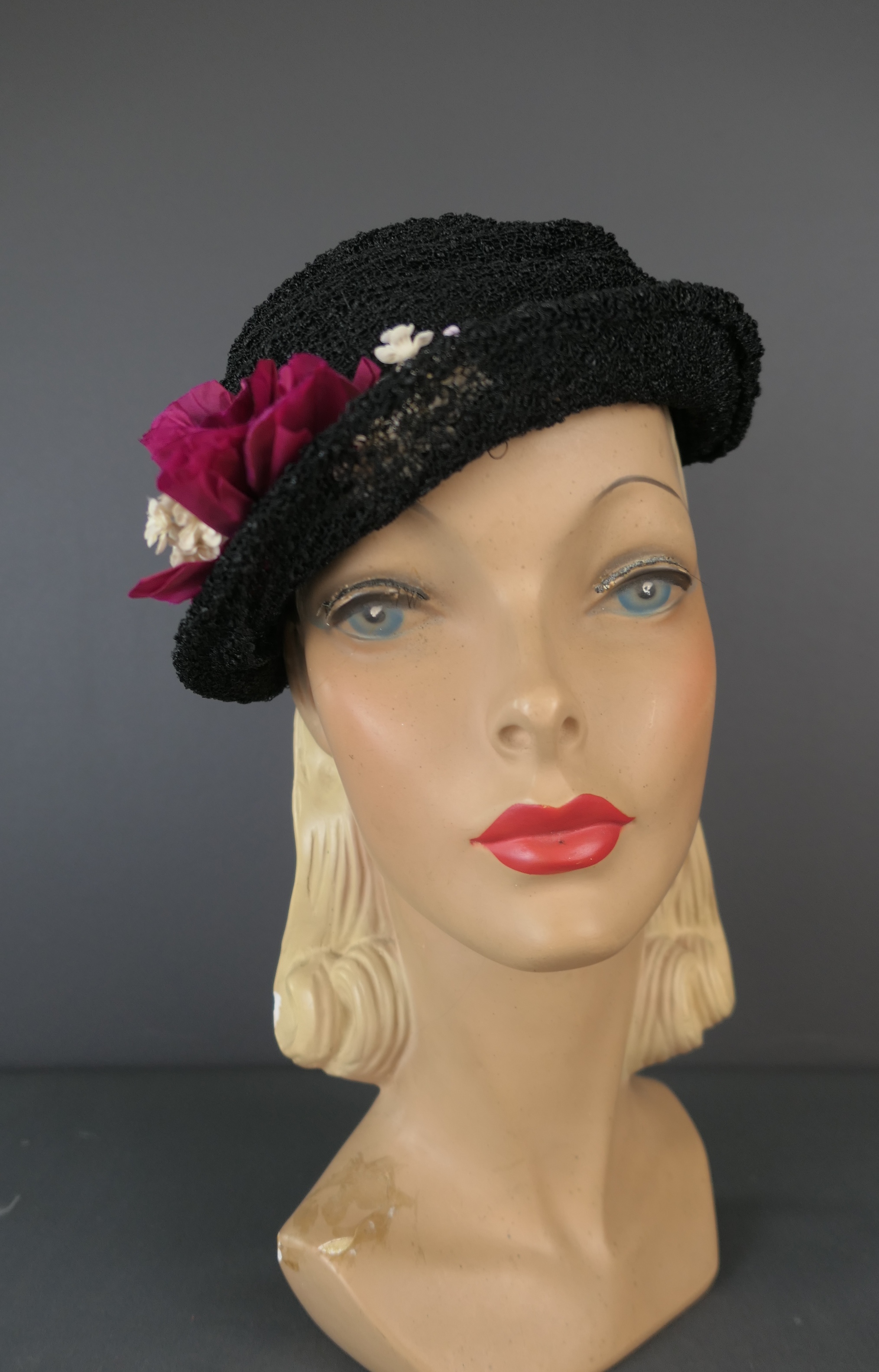 Vintage 1940s Black Lacey Straw Hat with Flowers, Hattie Carnegie