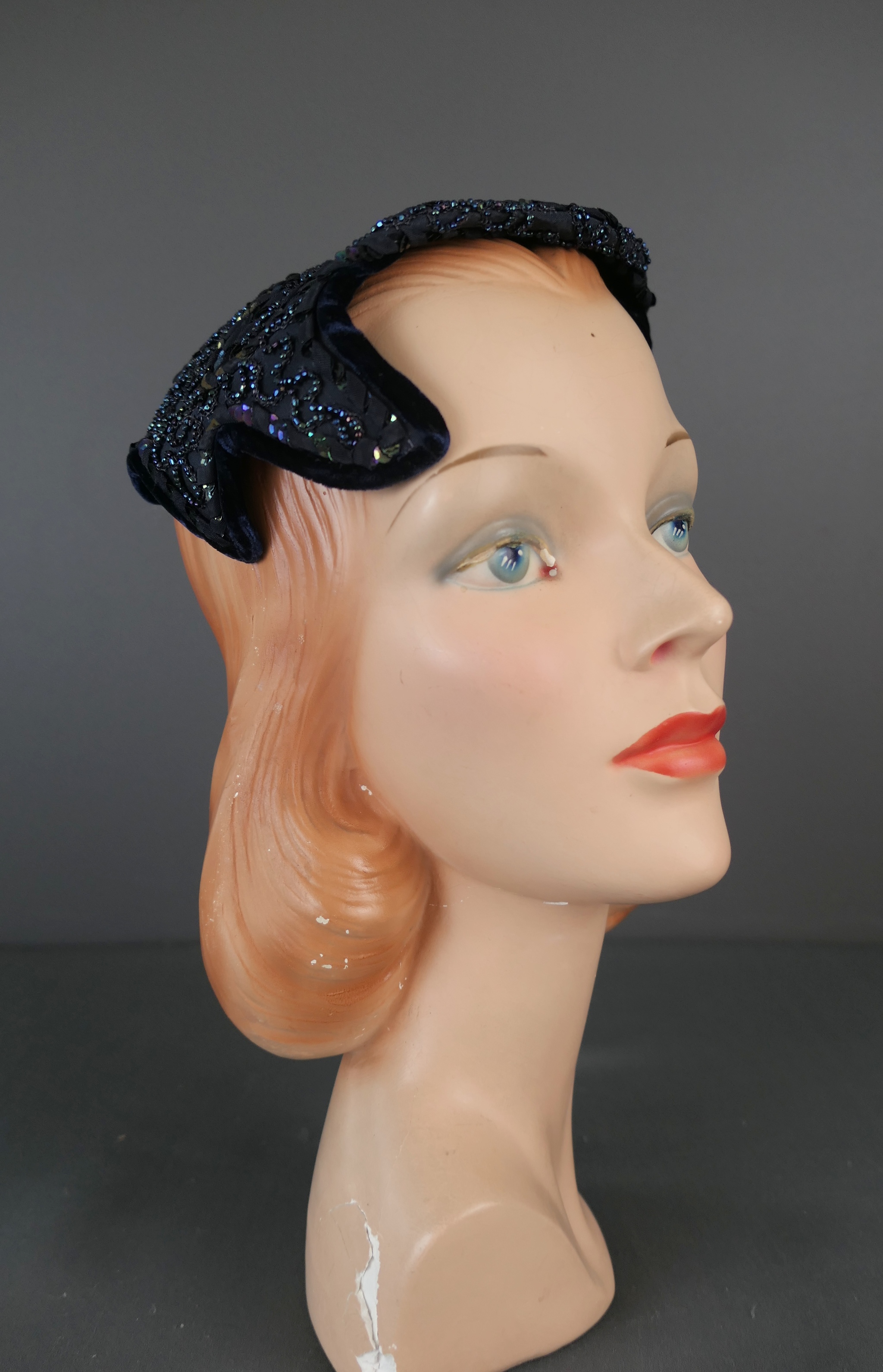Vintage Beaded & Sequin Hat Dark Blue Evening, 1950s any size, Amy New York