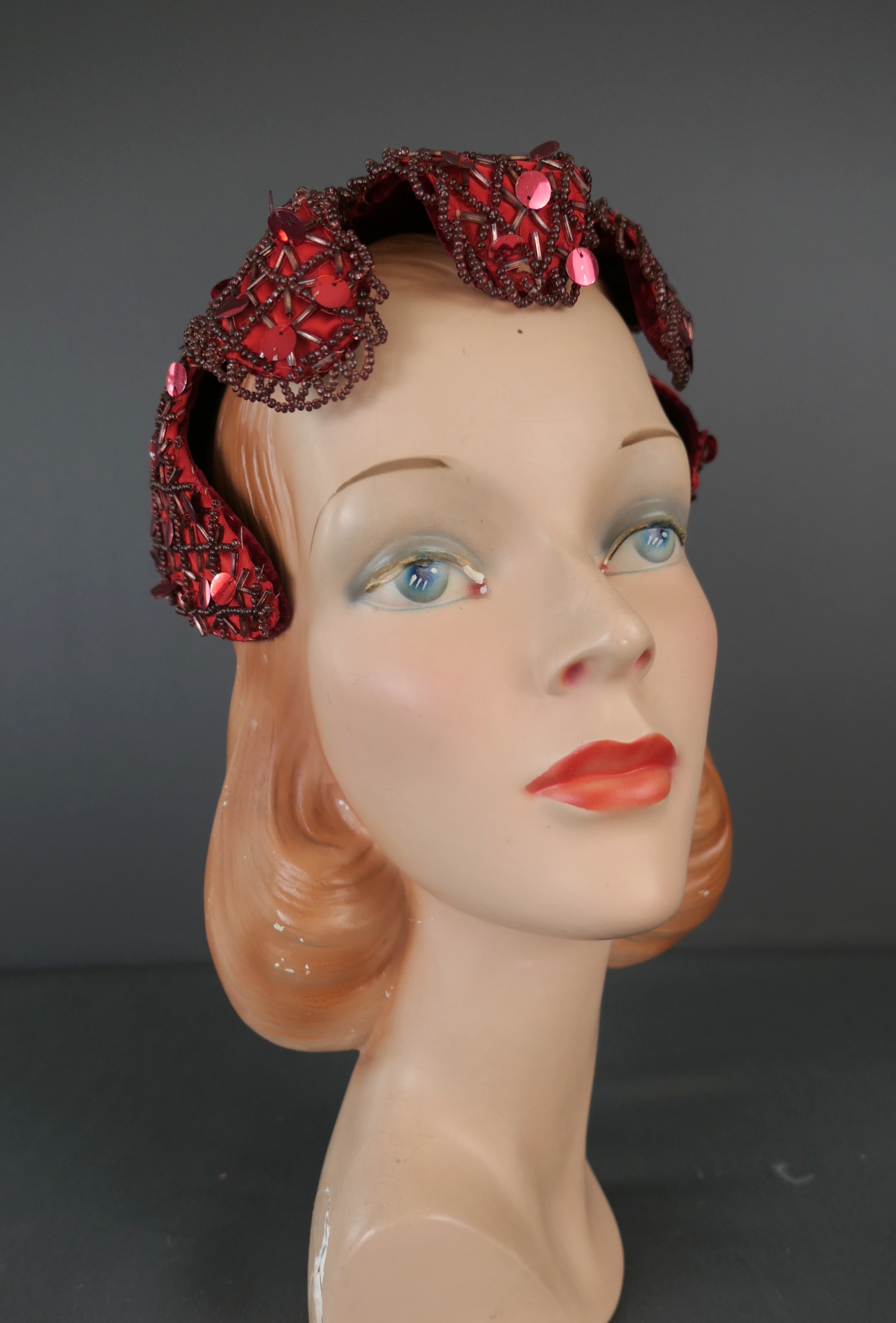 Vintage Red Beaded and Spangles Hat, Evening Juliet Eggshell 1950s