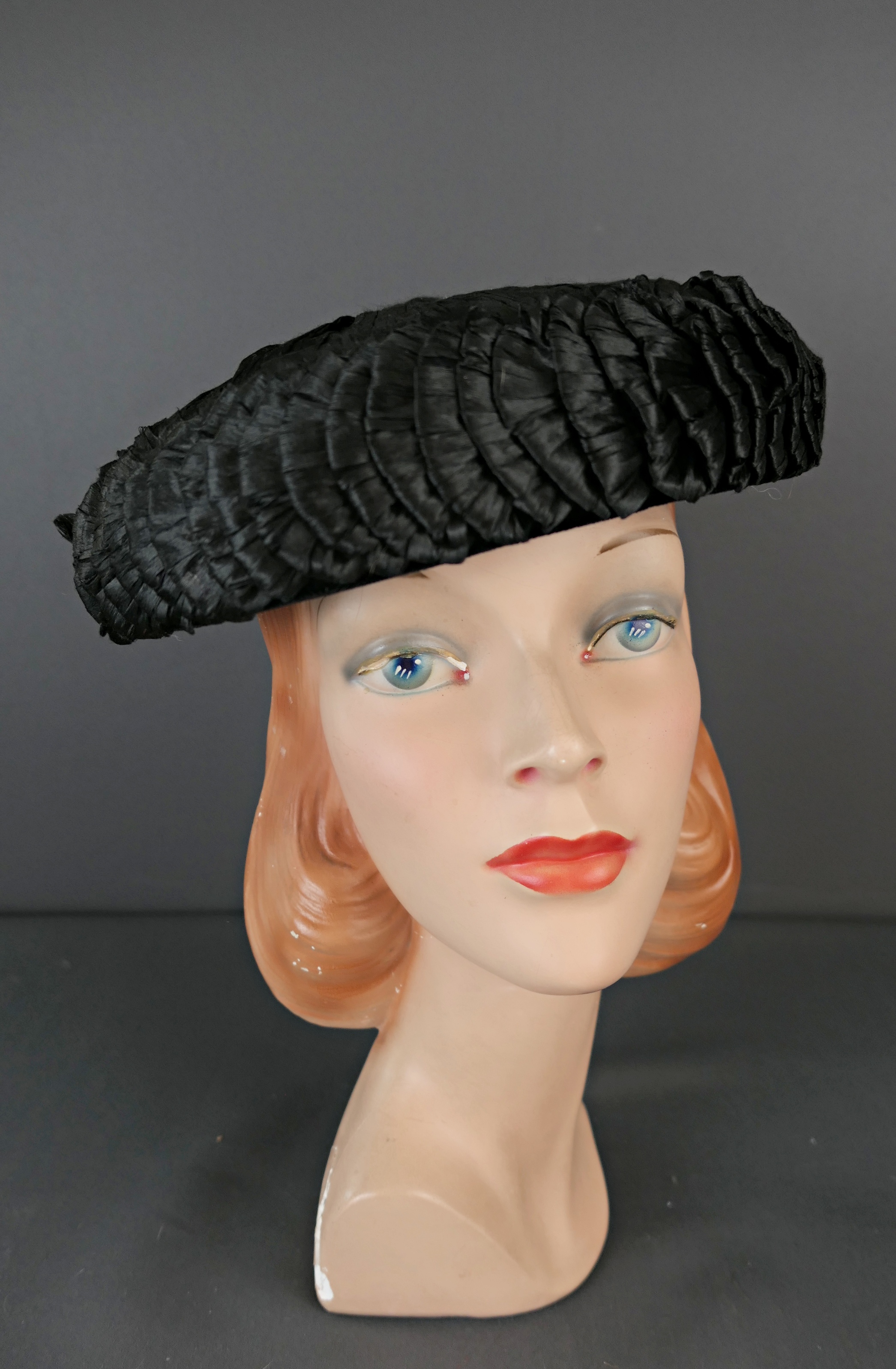 Vintage Black Straw Raffia Hat Mushroom, Gene Doris 1950s