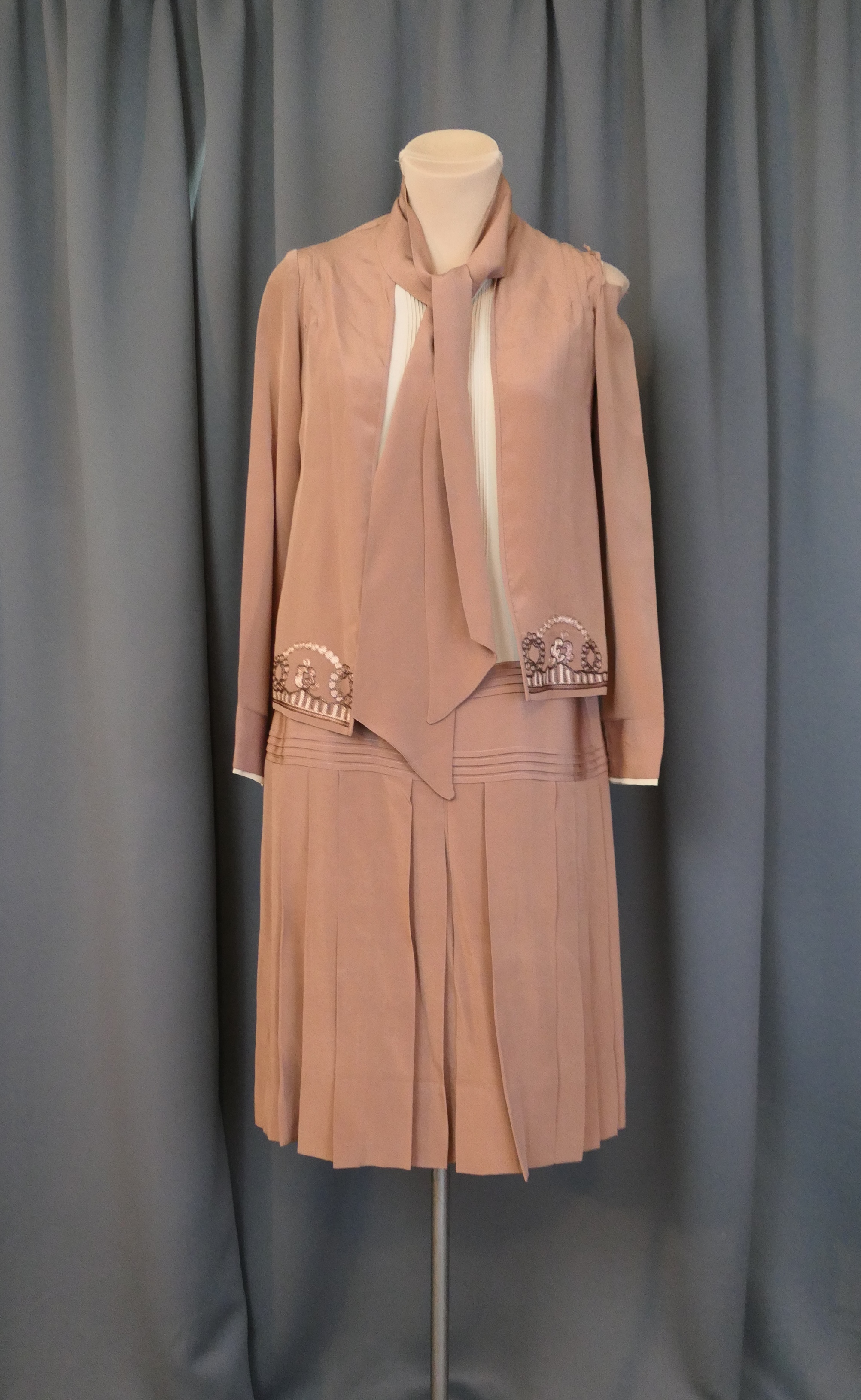 Vintage 1920s Silk Dress and Embroidered Jacket, Cream & Brown, issues