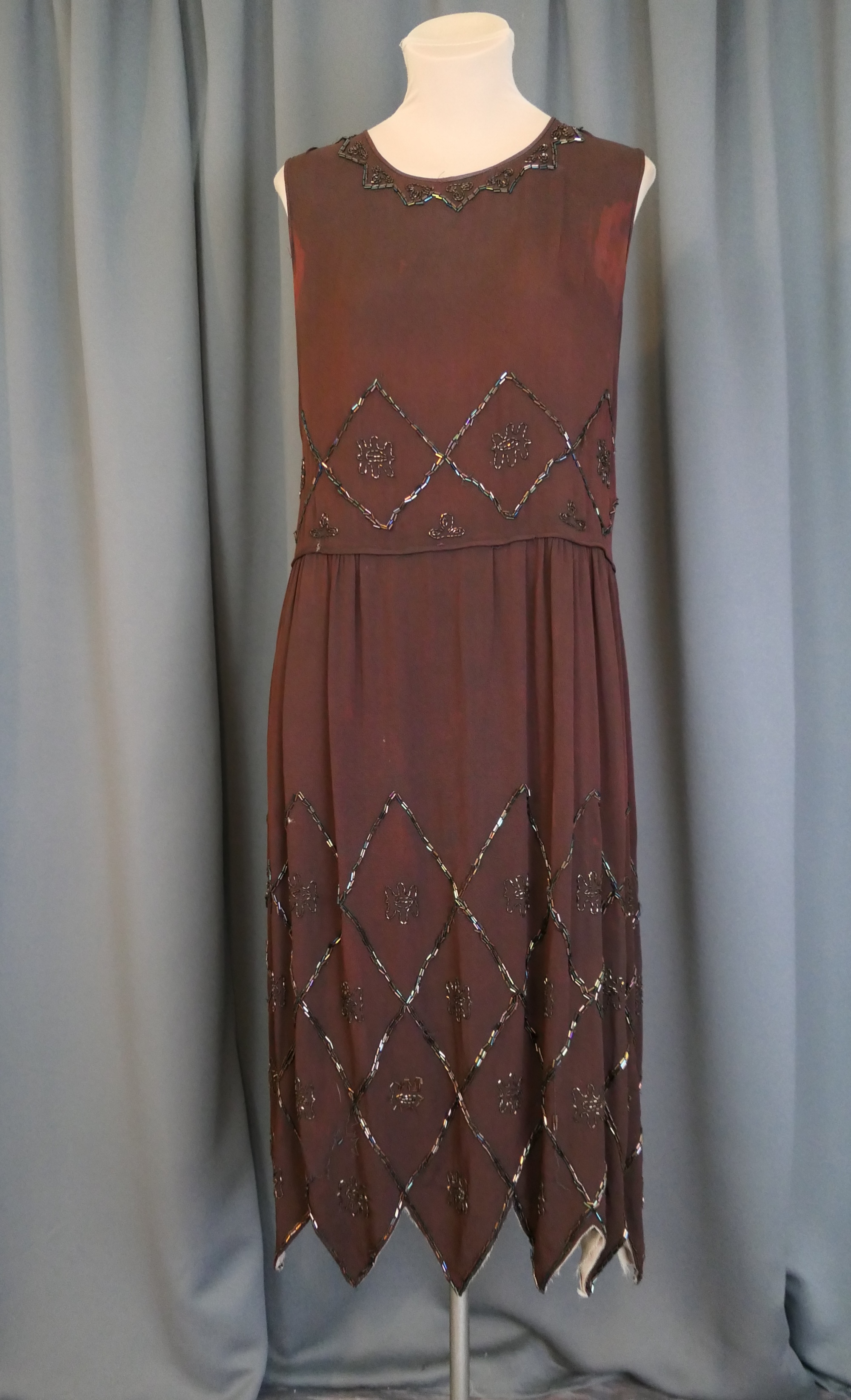 Vintage 1920s Brown Beaded Dress, FADED Flapper, 34 bust