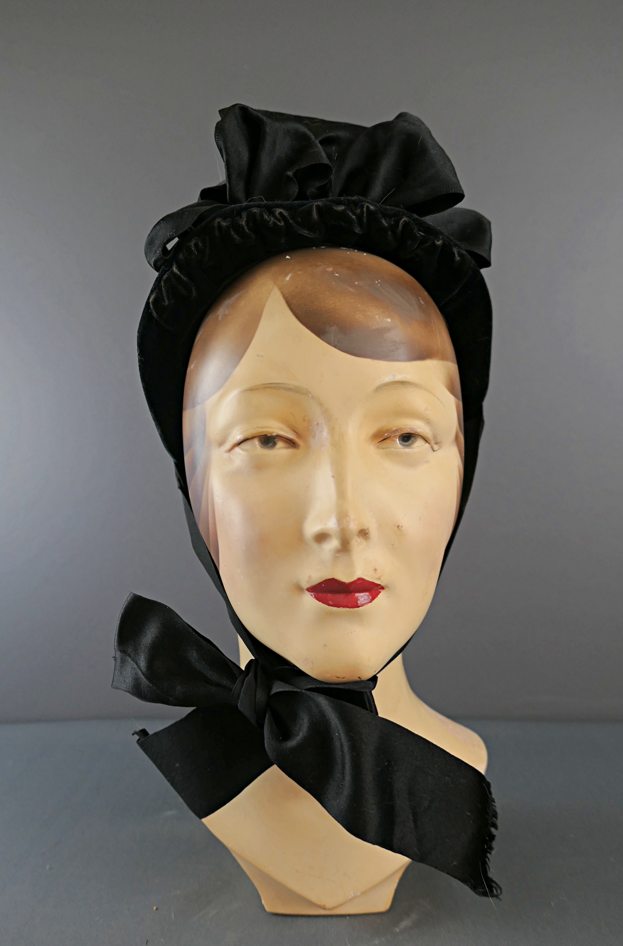 Antique Victorian Bonnet Black Velvet Hat, 1800s Ribbon & Beads, issues